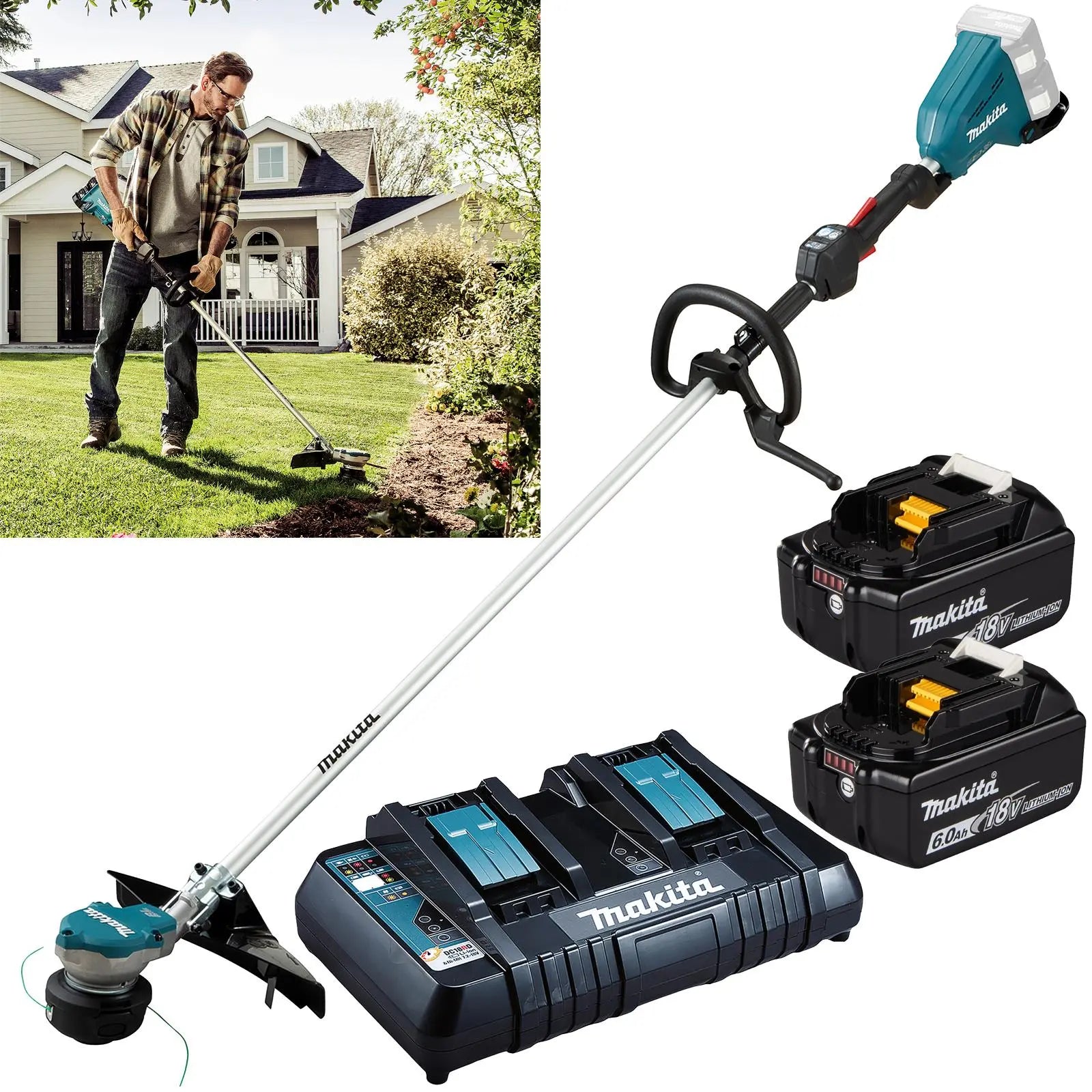 Makita Line Trimmer Strimmer Kit 2 x 18V LXT Brushless Cordless Garden Lawn Strimming 2 x 6Ah Battery and Dual Rapid Charger DUR368APG2  White Rose Tools