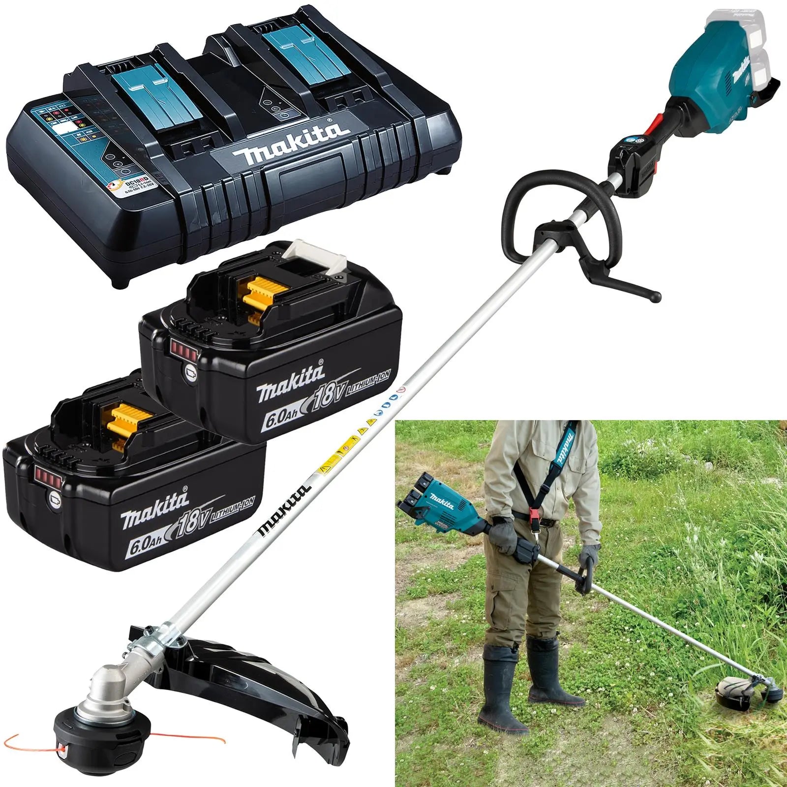 Makita Line Trimmer Strimmer Kit 2 x 18V LXT Brushless Cordless Garden Lawn Strimming 2 x 6Ah Battery and Dual Rapid Charger DUR369LPG2  White Rose Tools