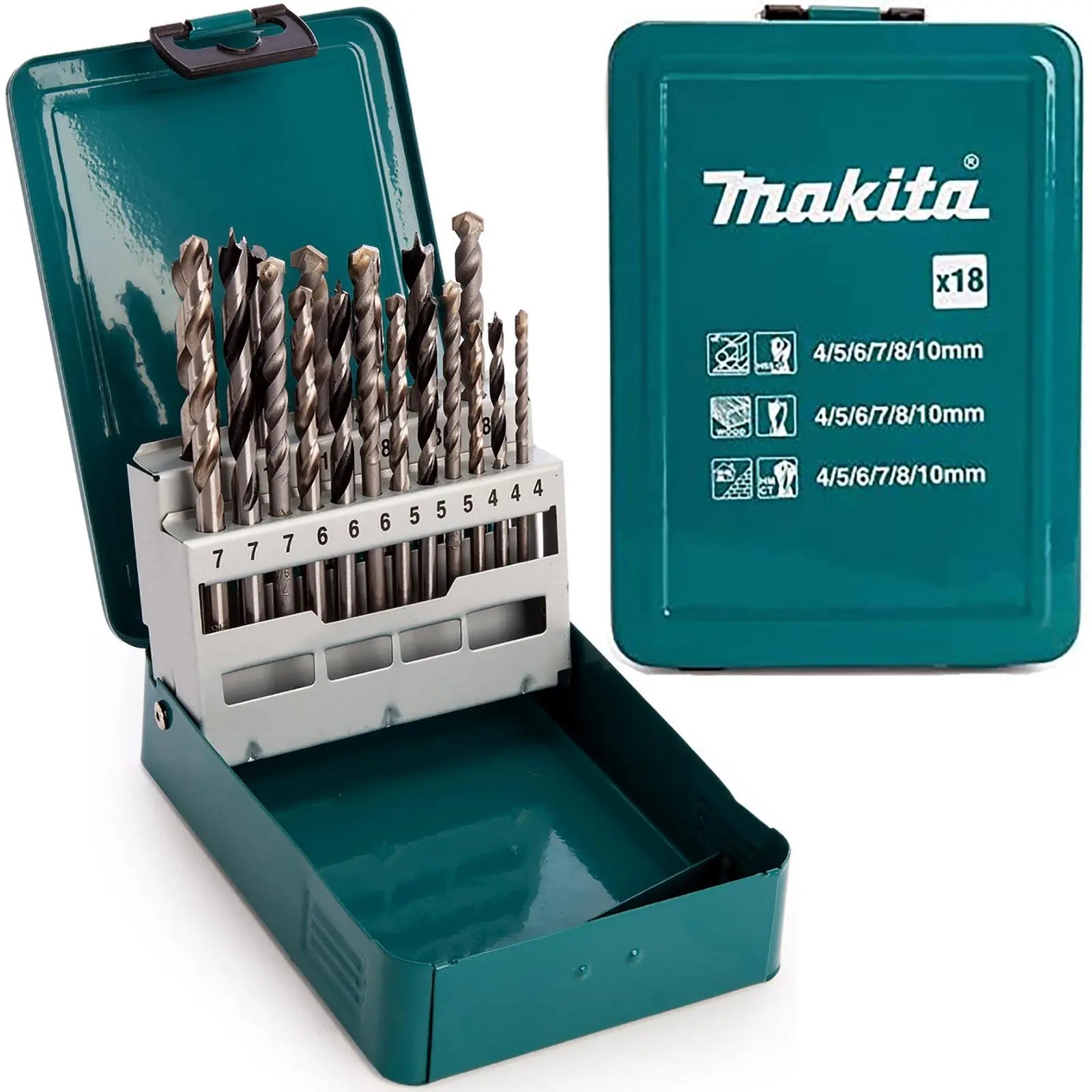 Makita Mixed Drill Bit Set in Metal Case 18 Piece HSS Wood Masonry D-47173 White Rose Tools
