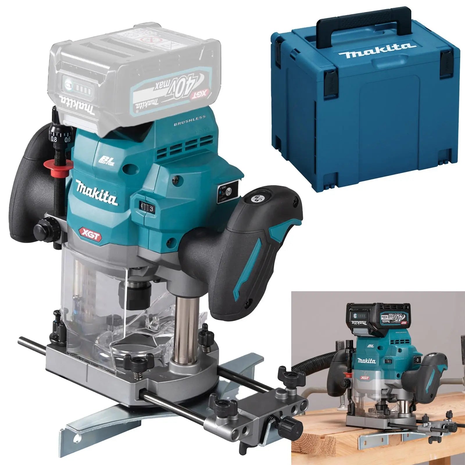 Makita Plunge Router Cordless 1/2" Collet Brushless XGT 40V Max In MakPac Type 4 Case Body Only RP001GZ02 White Rose Tools