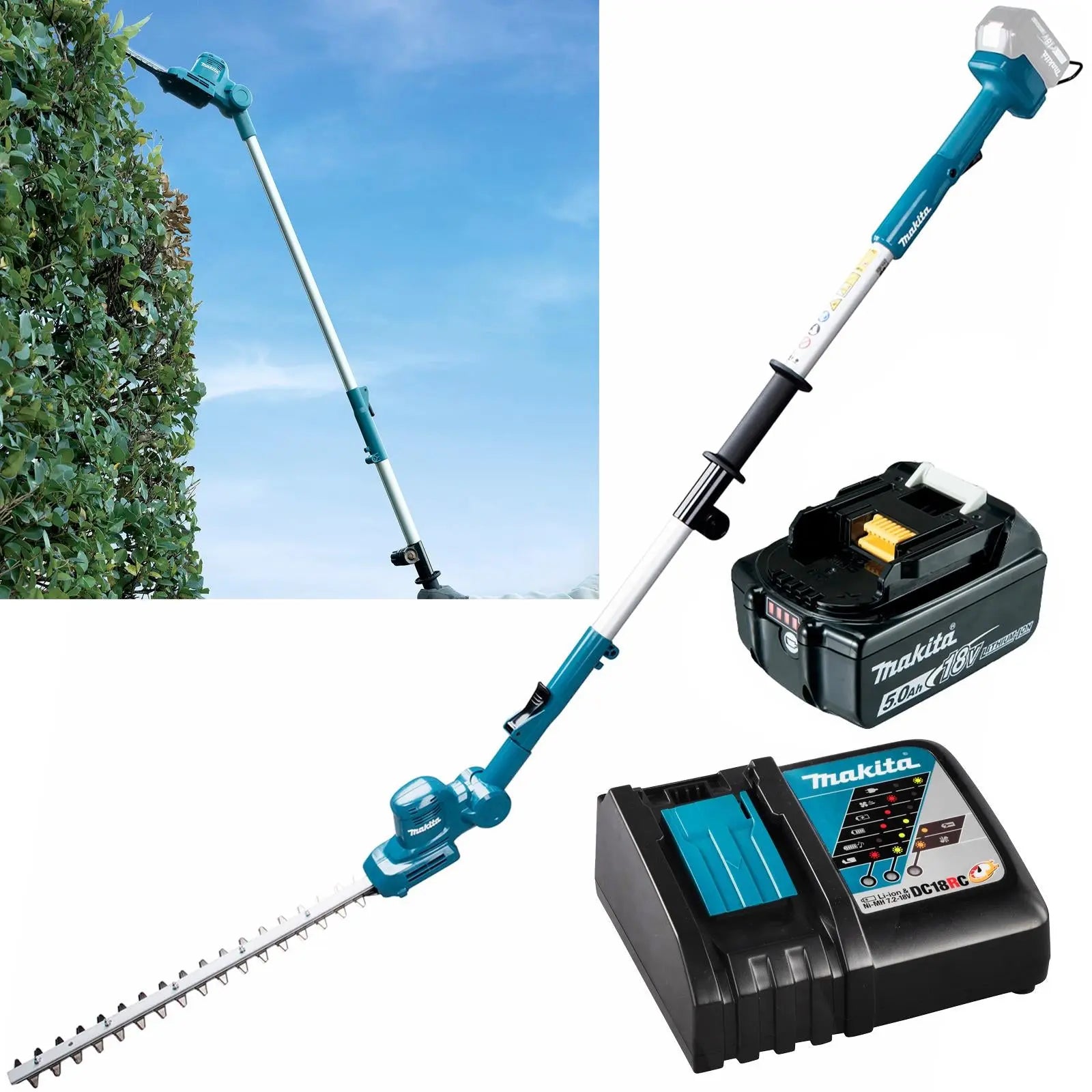 Makita Pole Hedge Trimmer Kit 46cm 18V LXT Li-ion Brushless Cordless 5Ah Battery and Charger Telescopic Garden Bush Cutter Cutting DUN461WRT  White Rose Tools