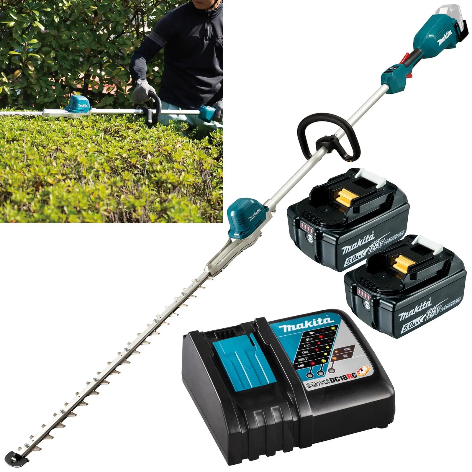 Makita Pole Hedge Trimmer Kit 60cm 18V LXT Li-ion Brushless Cordless 2 x 5Ah Battery and Charger Garden Bush Cutter Cutting DUN600LRTE  White Rose Tools