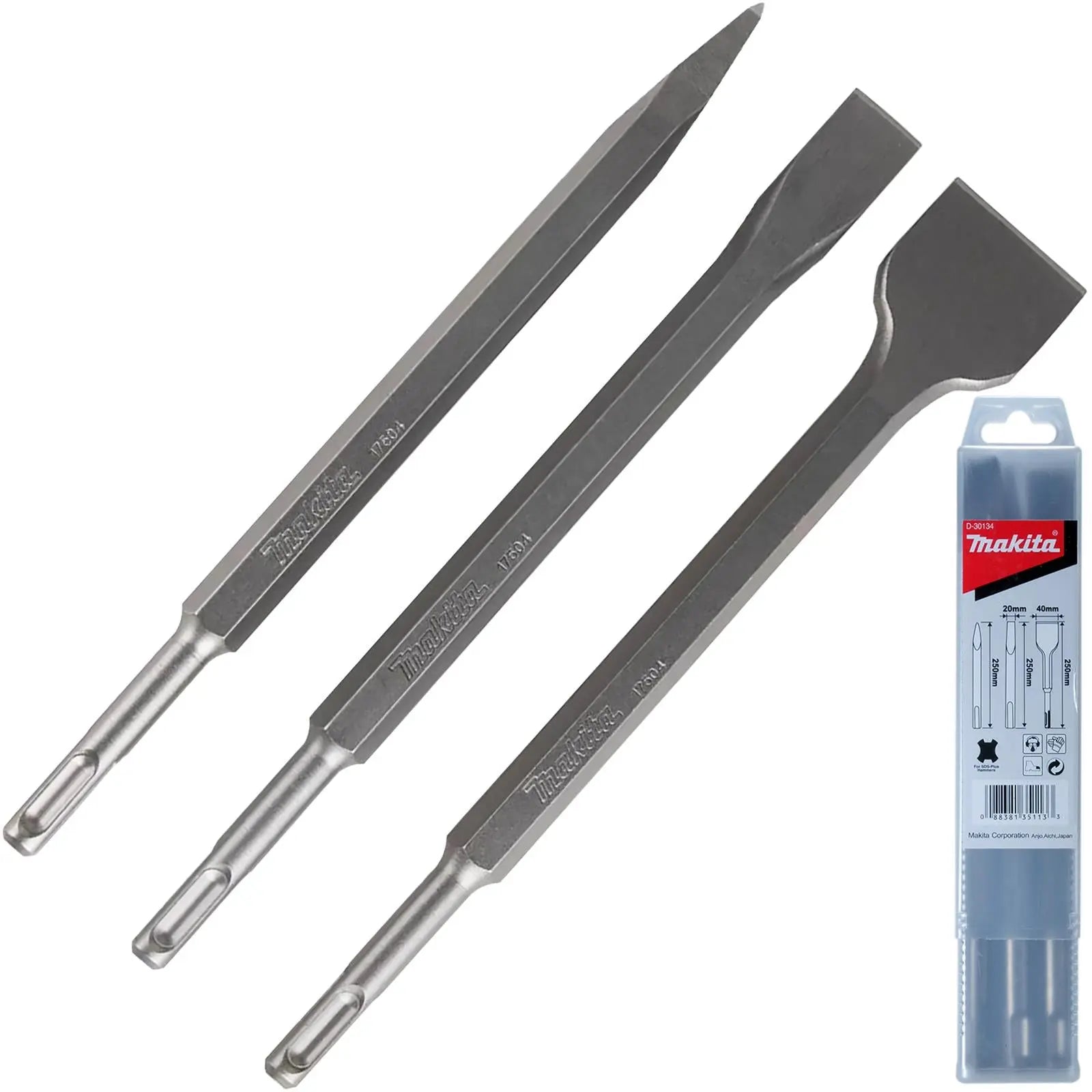 Makita SDS Plus Chisel Set Bull Point Cold Scaling Concrete Masonry Demolition Render Chasing 250mm 3pc White Rose Tools