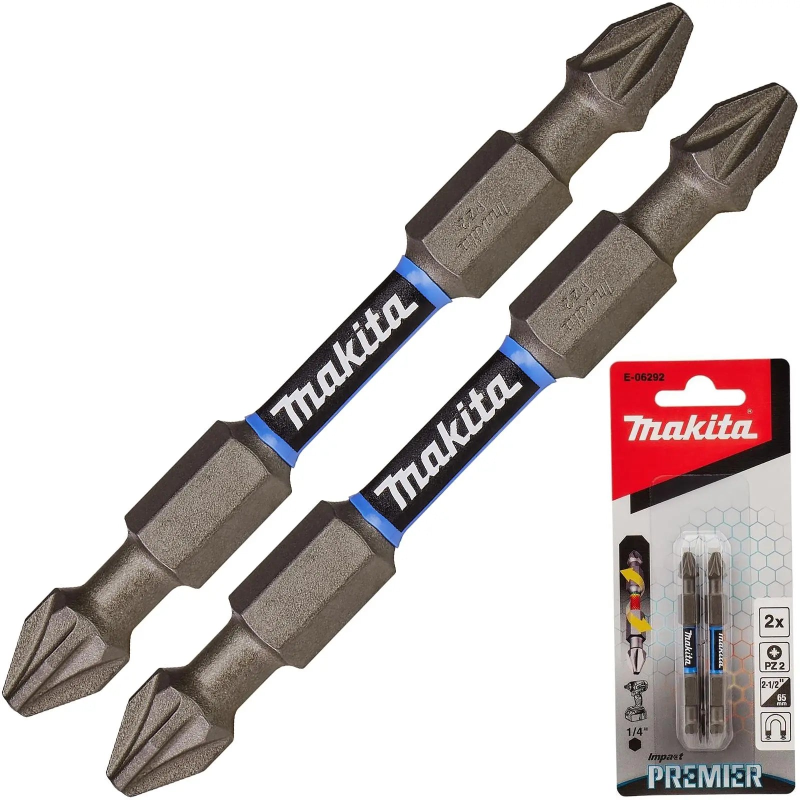 Makita Screwdriver Bit Set Pozi Double-End Impact Premier Torsion Drill PZ2 2pc E-06292 White Rose Tools