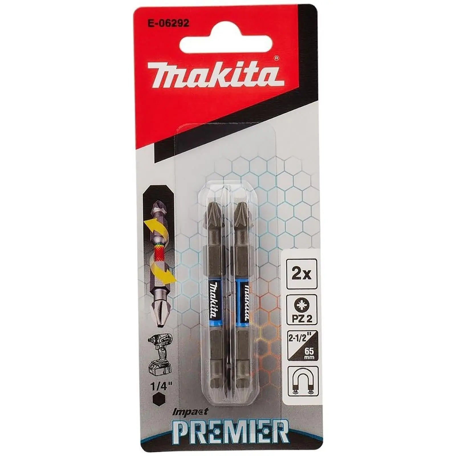 Makita Screwdriver Bit Set Pozi Double-End Impact Premier Torsion Drill PZ2 2pc E-06292 White Rose Tools