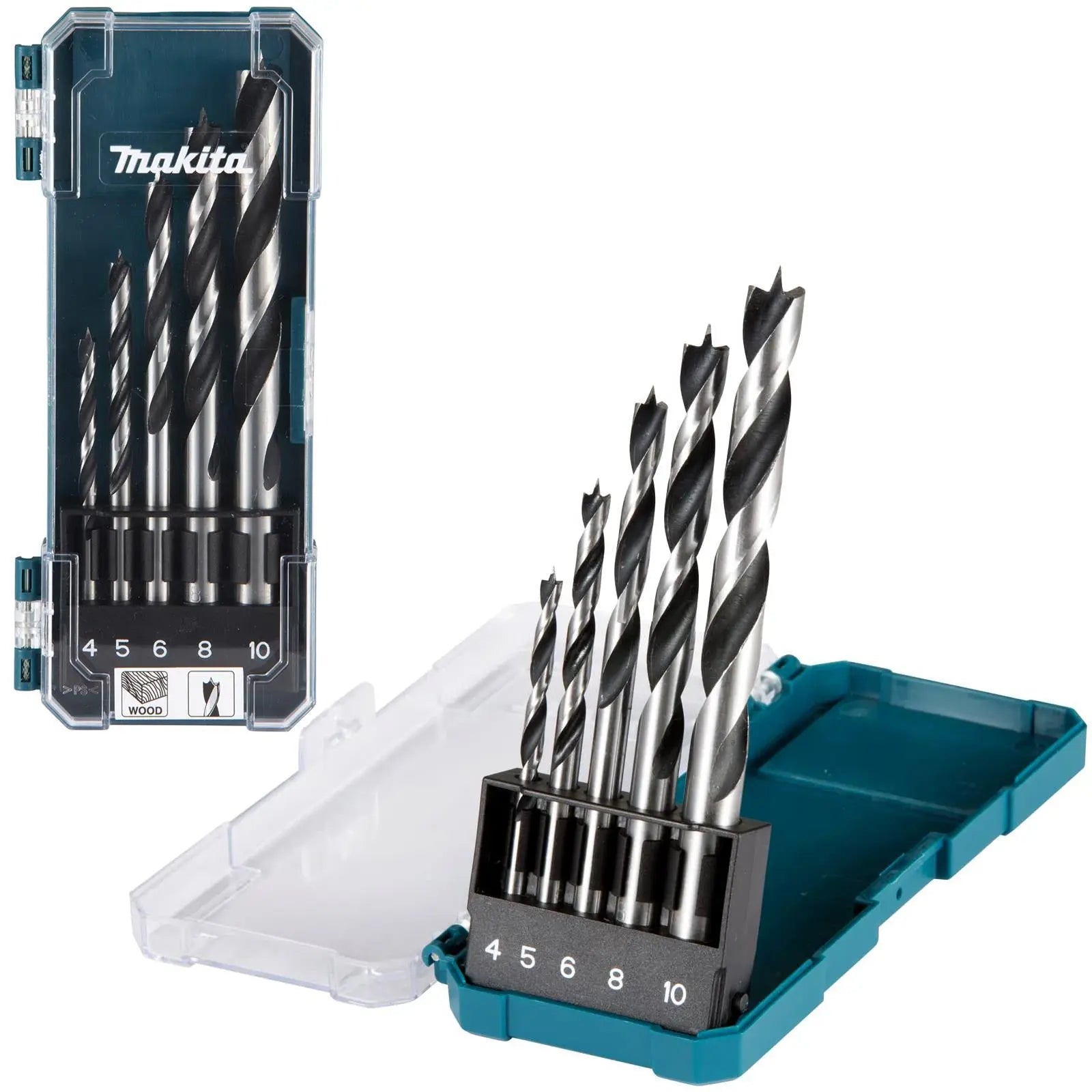 Makita Wood Drill Bit Set Straight Shank Brad Point 4-10mm Timber 5pc Woodwork White Rose Tools