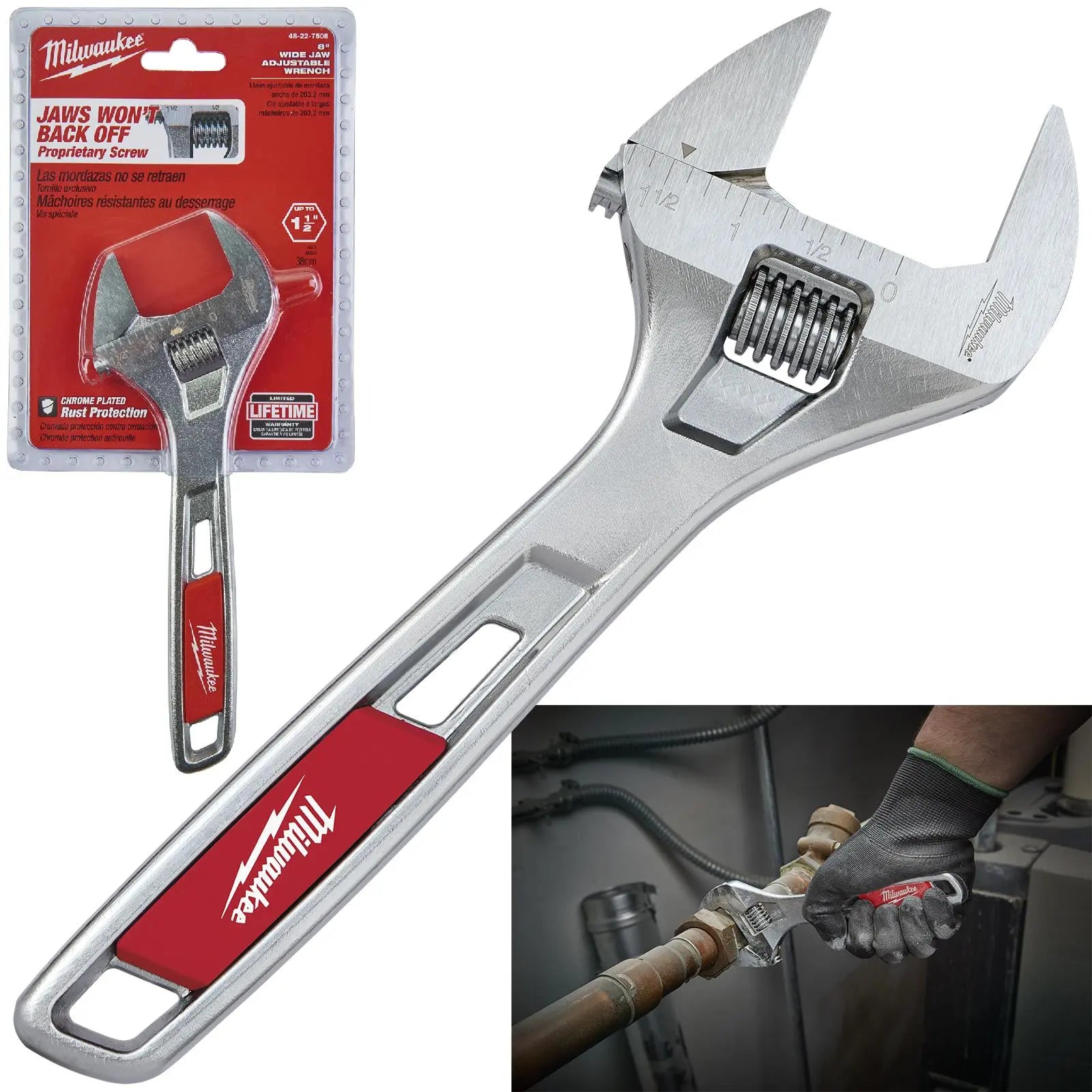 Milwaukee Adjustable Wrench Wide 200mm Jaw Opening 40mm