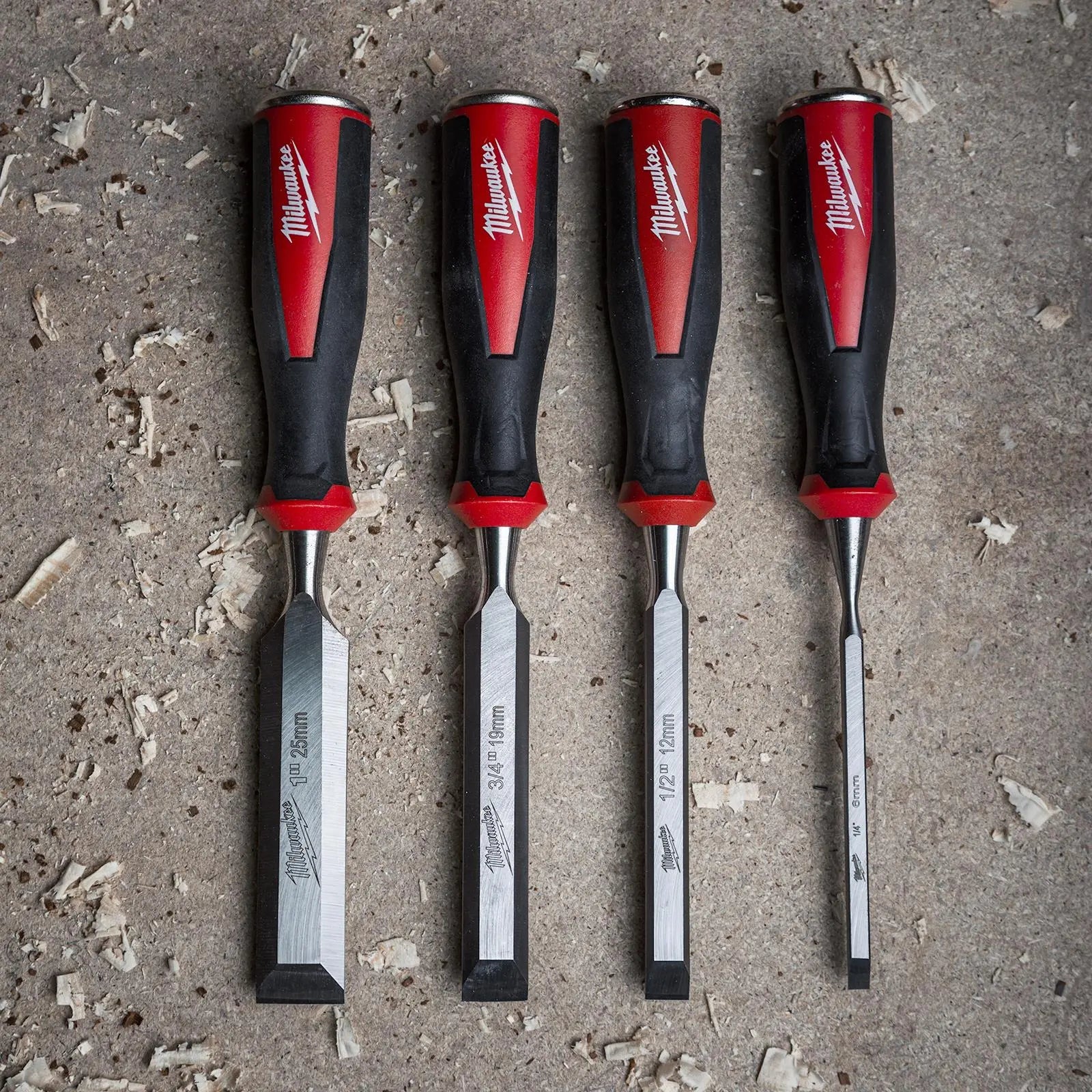 Milwaukee Beveled Edge Wood Chisel Set 4 Piece 6-25mm All Metal Core with Striking Cap White Rose Tools