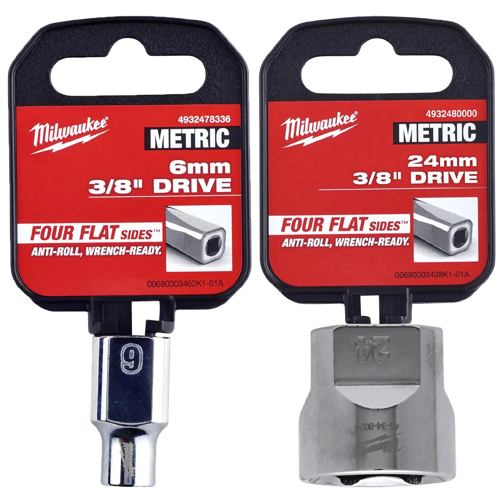 Milwaukee Chrome Socket 3/8" Drive Four Flat Sides Metric Standard 6-24mm Individual White Rose Tools