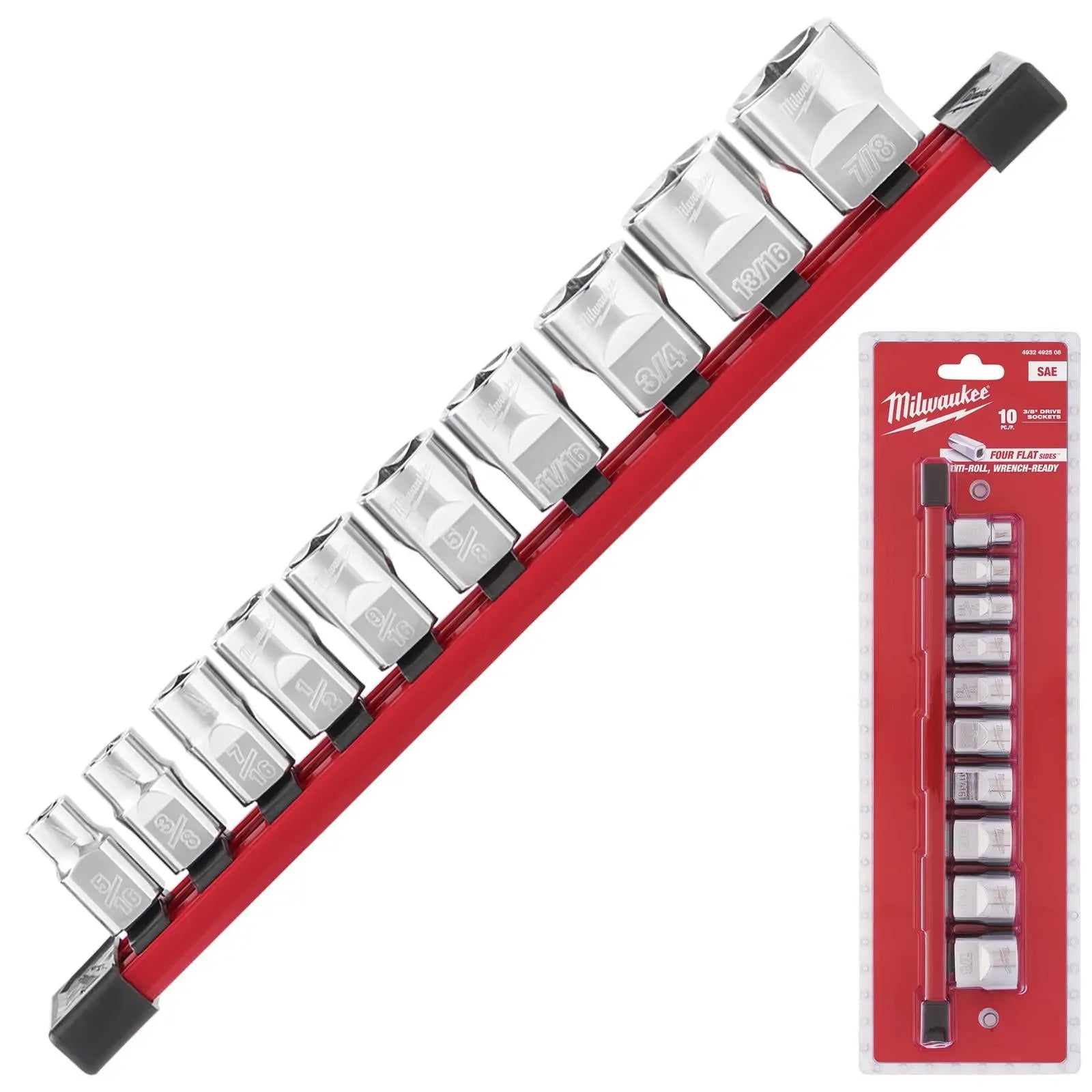 Milwaukee Chrome Socket Set 3/8" Drive Four Flat Sides Imperial SAE on Socket Rail 10 Piece White Rose Tools