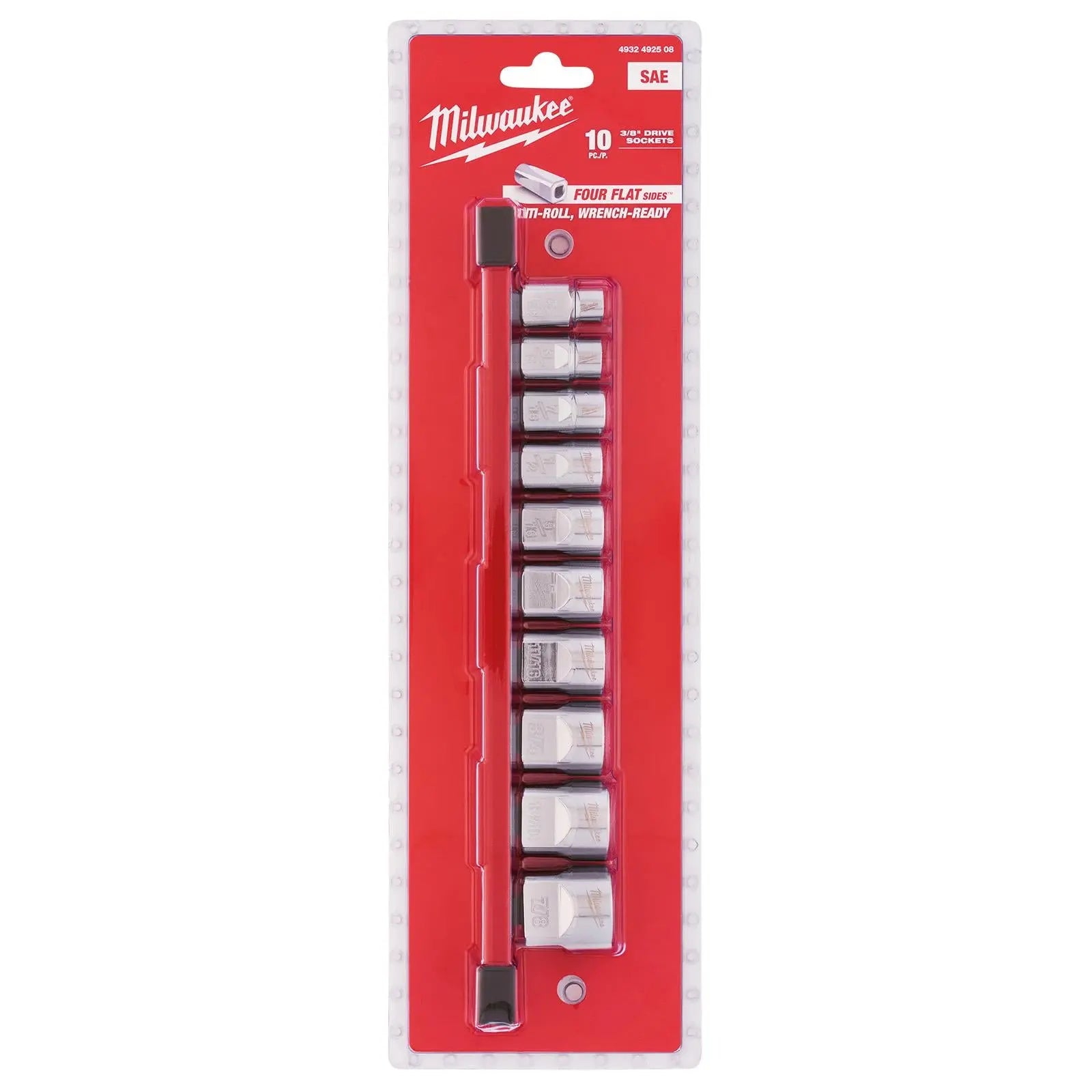 Milwaukee Chrome Socket Set 3/8" Drive Four Flat Sides Imperial SAE on Socket Rail 10 Piece  White Rose Tools