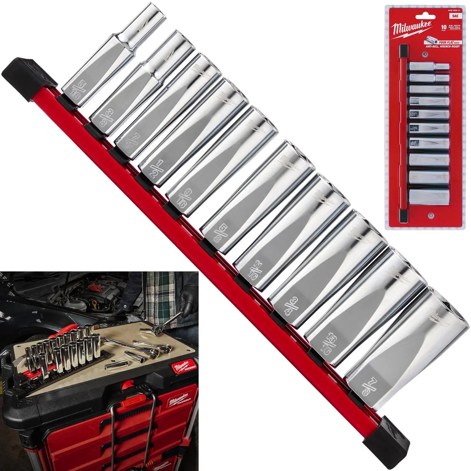 Milwaukee Chrome Socket Set Deep on Socket Rail 3/8" Drive SAE Imperial 5/16"-7/8 White Rose Tools