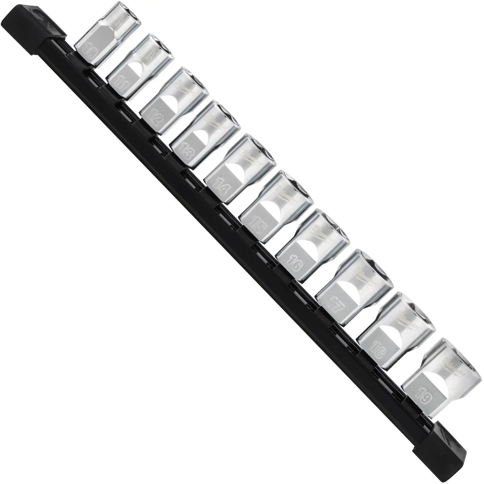 Milwaukee Chrome Socket Set on Socket Rail 3/8" Drive Metric 10-19mm White Rose Tools