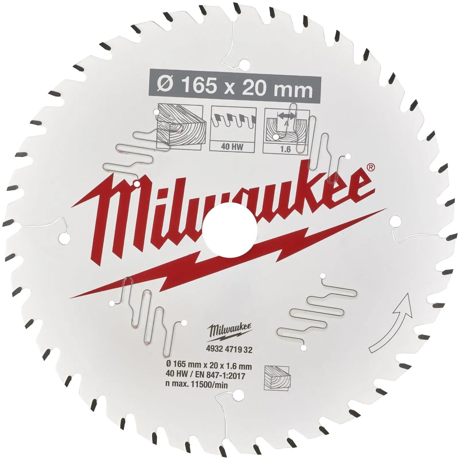 Milwaukee Circular Saw Blade for Handheld Circular Saws 165mm x 20mm Bore 40T ATB 1.6mm Kerf White Rose Tools
