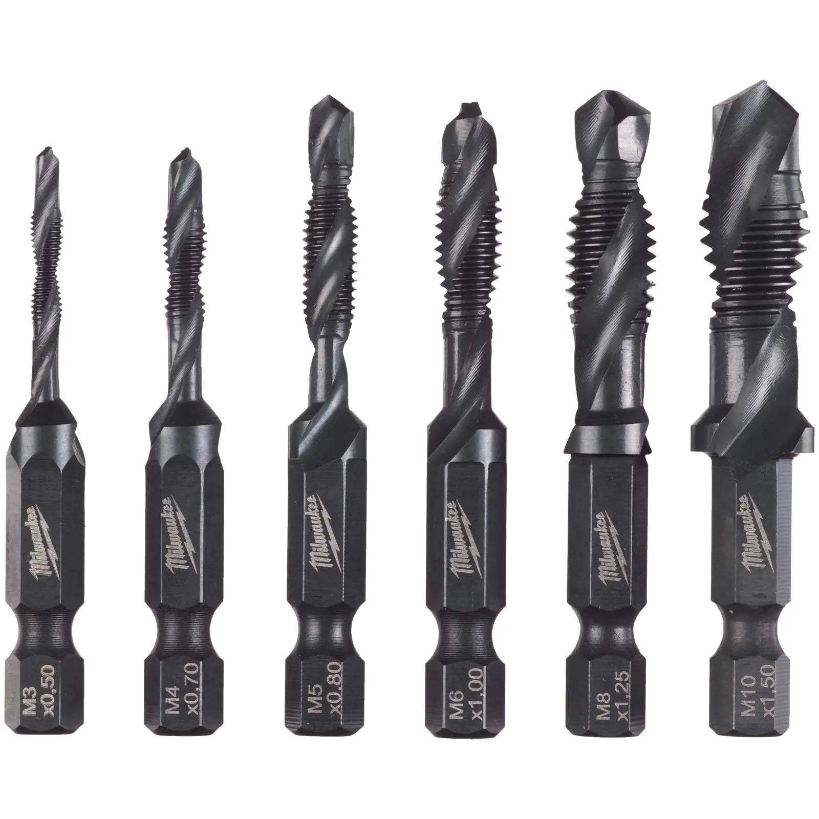 Milwaukee Combi Drill Tap Set Threading Drills 1/4" Hex M3-M10 HSS-G 6 Pieces White Rose Tools