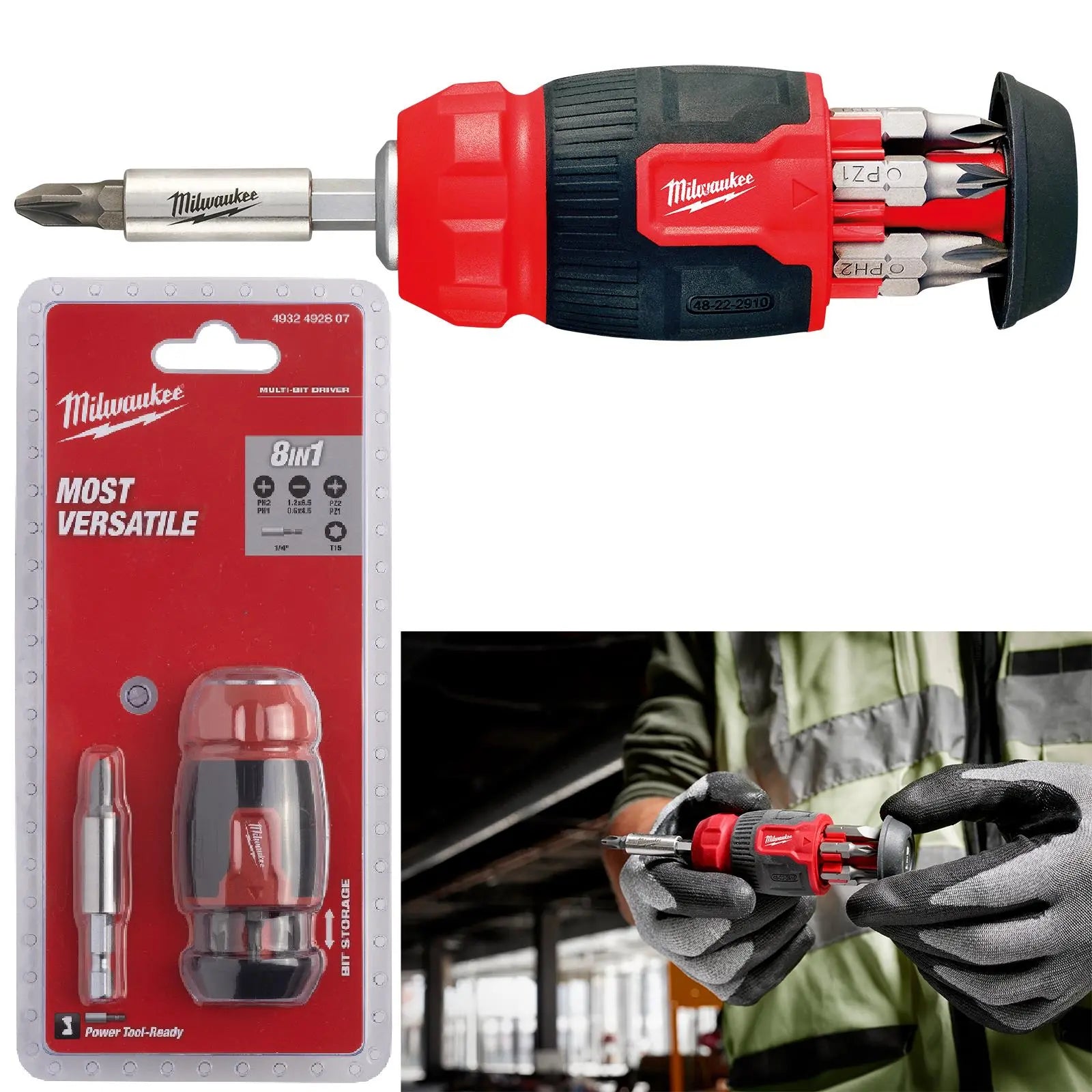 Milwaukee Compact Multi Bit Screwdriver Set 8 in 1 Stubby Pozi Phillips Torx Slotted White Rose Tools