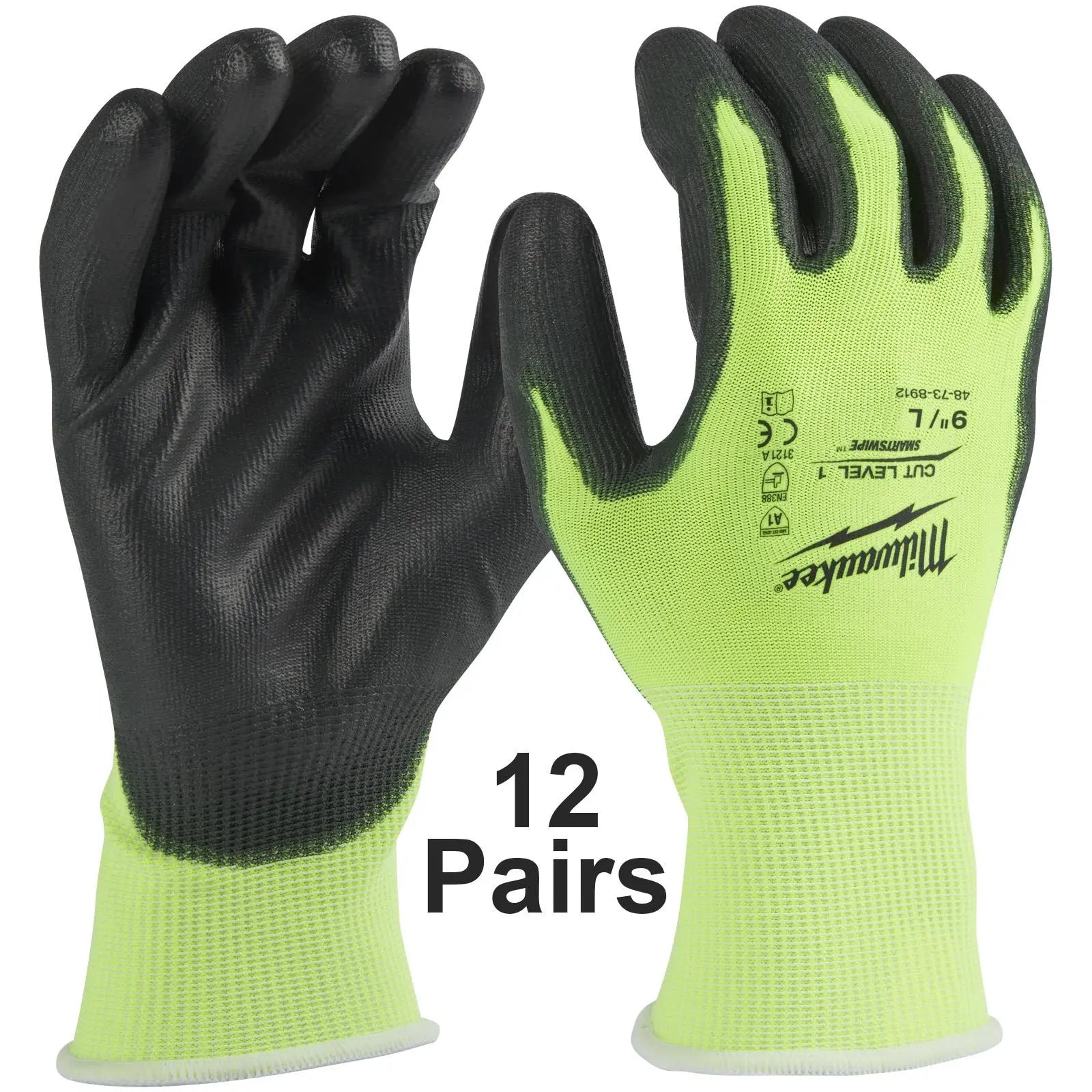 Milwaukee Hi-Vis Work Gloves Cut A L / 9 12 Pack SMARTSWIPE White Rose Tools