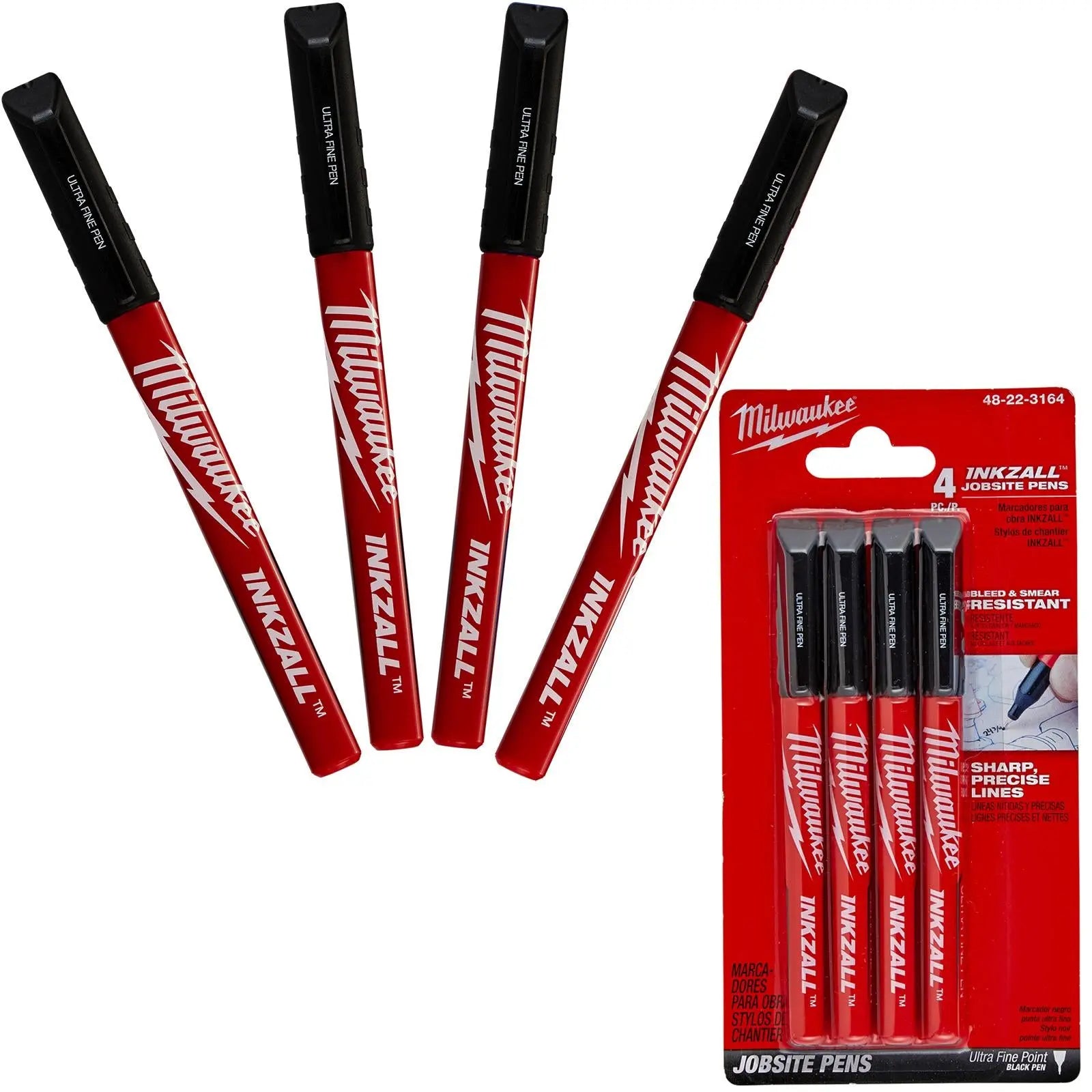 Milwaukee INKZALL Permanent Marker Pens 0.6mm Fine Tip  Black 4 Piece