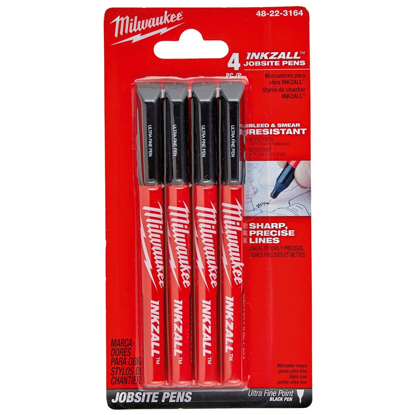 Milwaukee INKZALL Permanent Marker Pens 0.6mm Fine Tip  Black 4 Piece