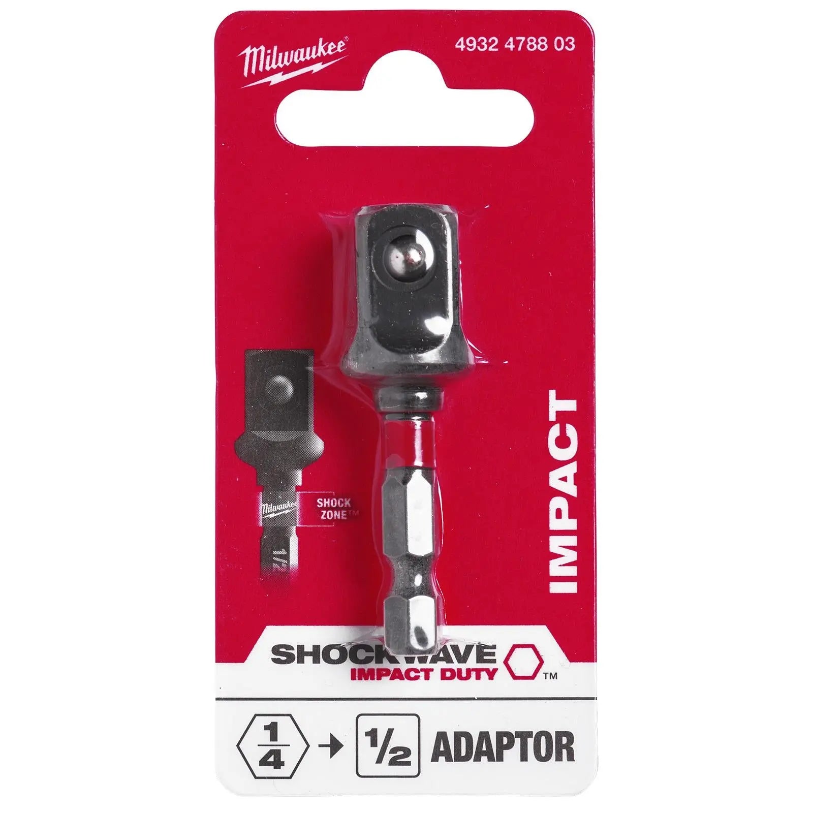 Milwaukee Impact Socket Adaptor 1/4" Hex to 1/2" Square Drive SHOCKWAVE Impact Duty