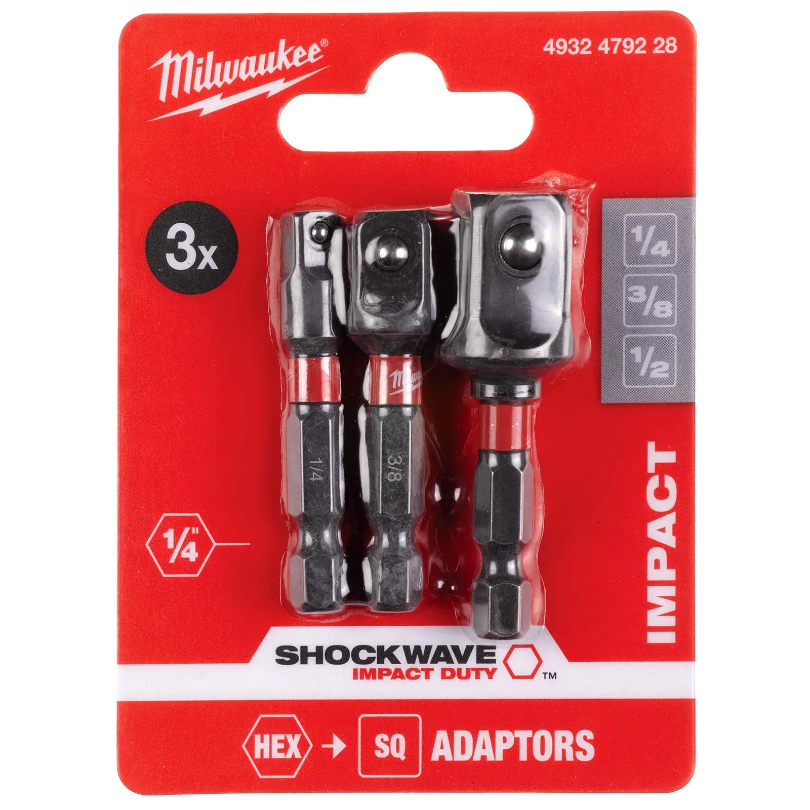Milwaukee Impact Socket Adaptors SHOCKWAVE Impact Duty 3 Piece 1/4" 3/8" 1/2" Drive