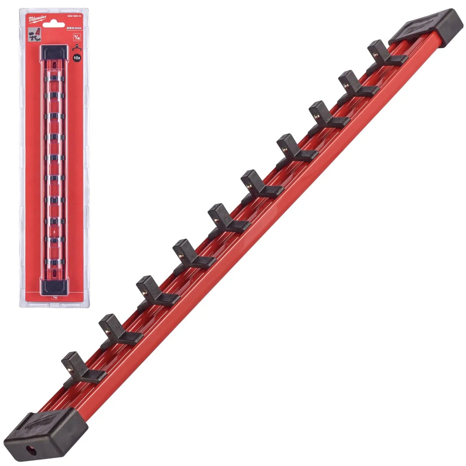 Milwaukee Impact Socket Rail 1/4" Drive 350mm with 10 Clips