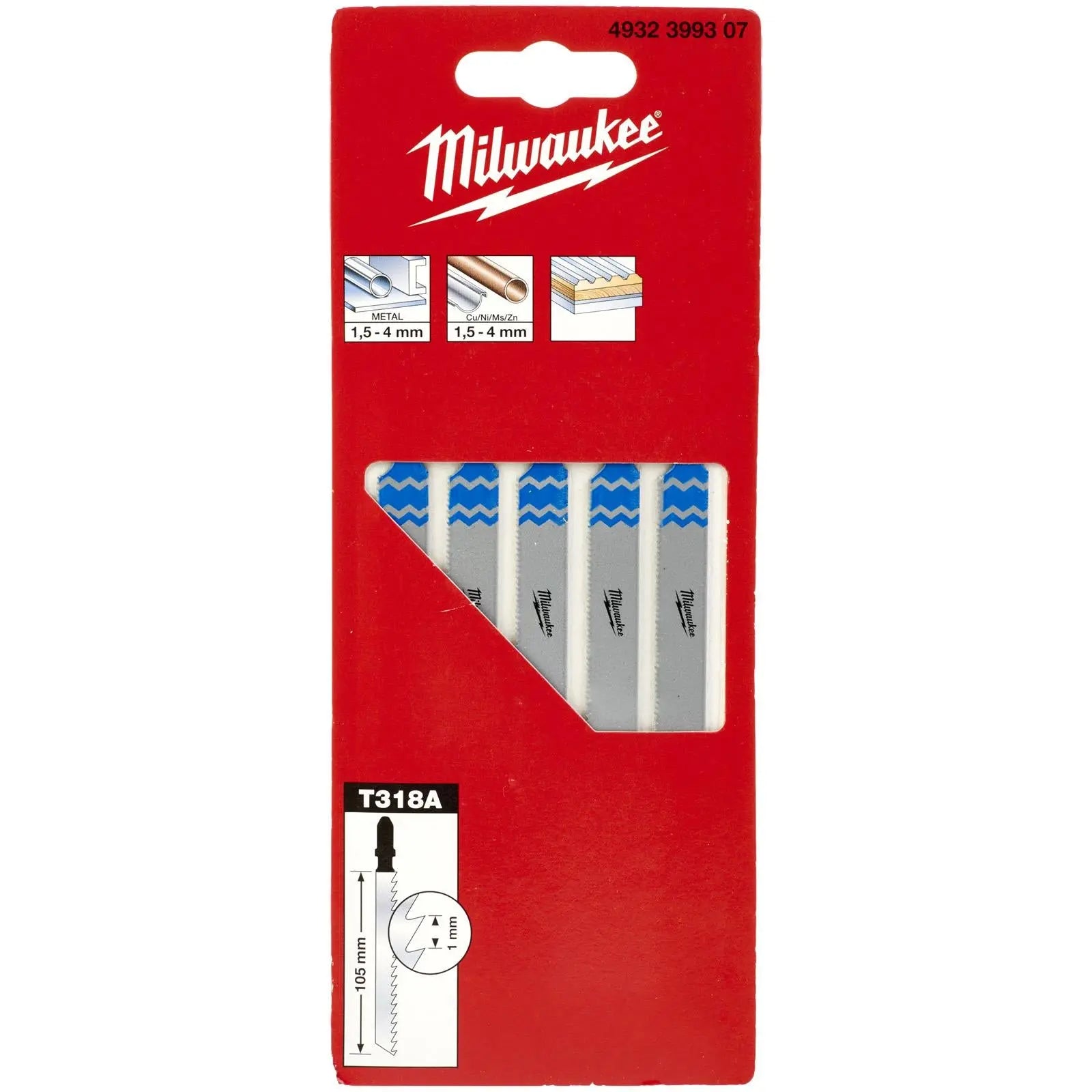 Milwaukee Jigsaw Blades Metal Traditional Blade 105mm x 1mm T318A 5 Pieces White Rose Tools