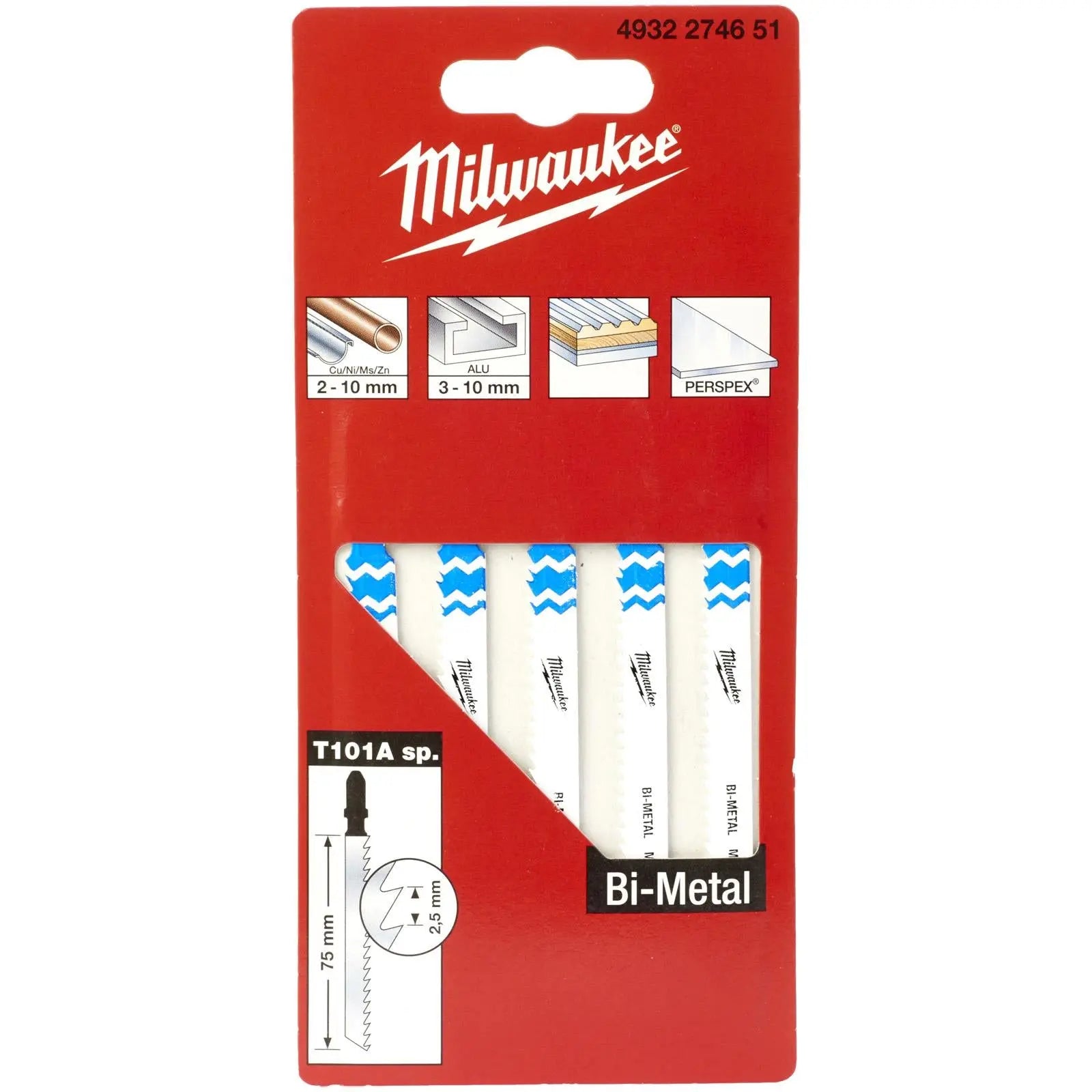 Milwaukee Jigsaw Blades Metal Traditional Blade Bi-Metal 75mm x 2.5mm T101A SP 5 Pieces White Rose Tools