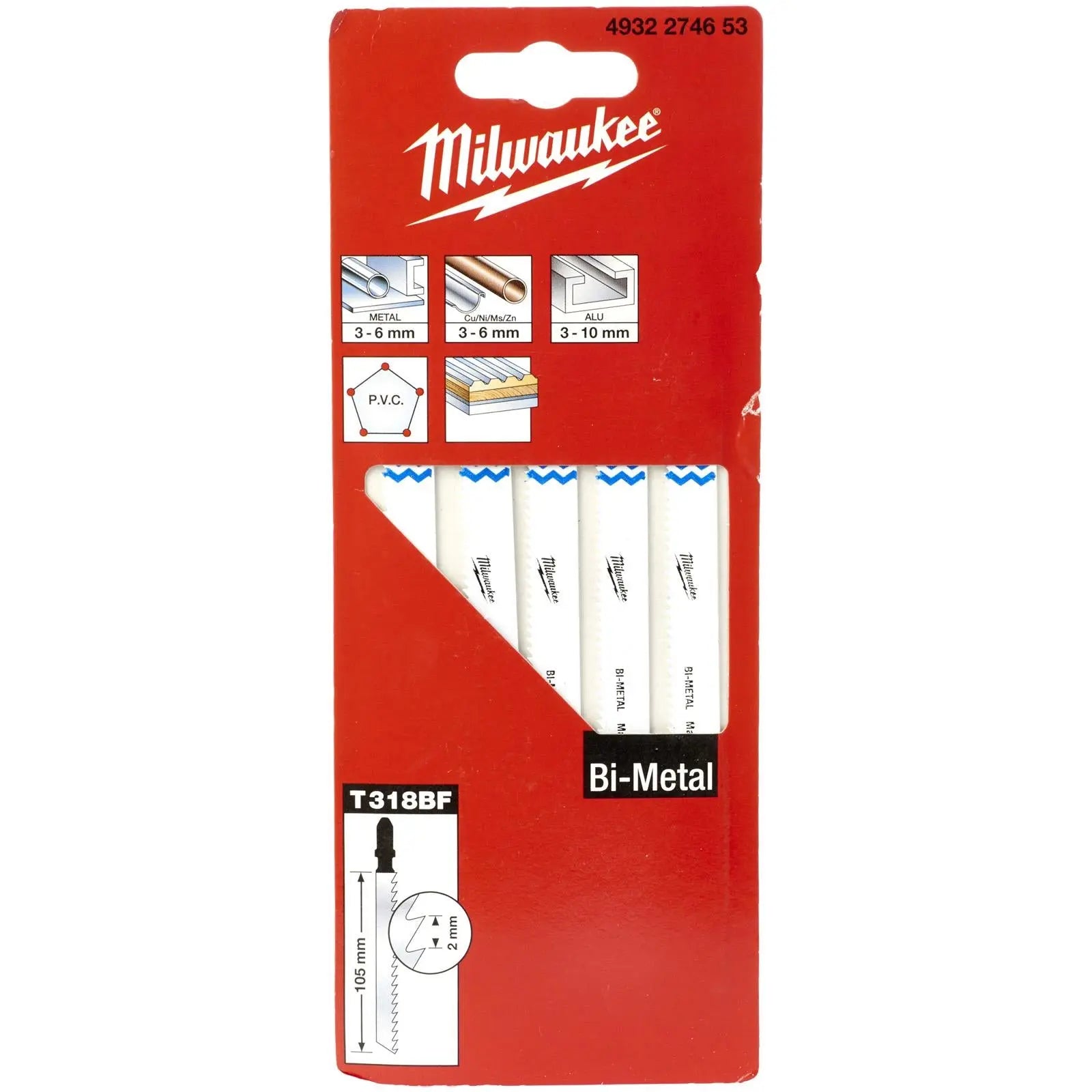 Milwaukee Jigsaw Blades Metal Universal Application Blade Bi-Metal 105mm x 2.0mm T318BF 5 Pieces White Rose Tools
