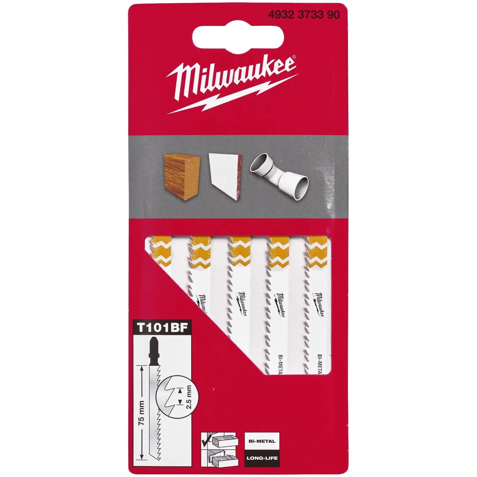 Milwaukee Jigsaw Blades Wood Plastic Clean Splinter Free Cutting Blade Bi-Metal 75mm x 2.5mm T101BF 5 Pieces White Rose Tools