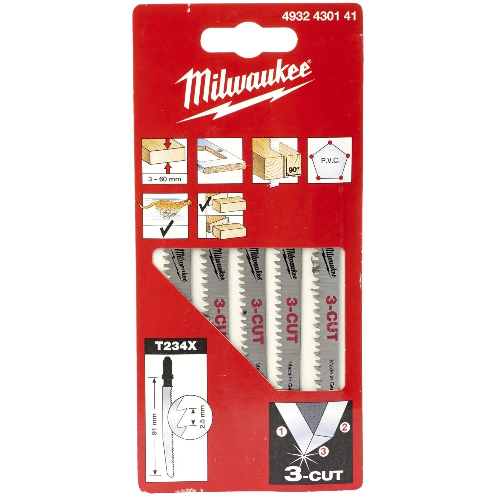 Milwaukee Jigsaw Blades Wood Plastic Fast Clean Cutting Blade 91mm x 2.5mm T234X 5 Pieces White Rose Tools