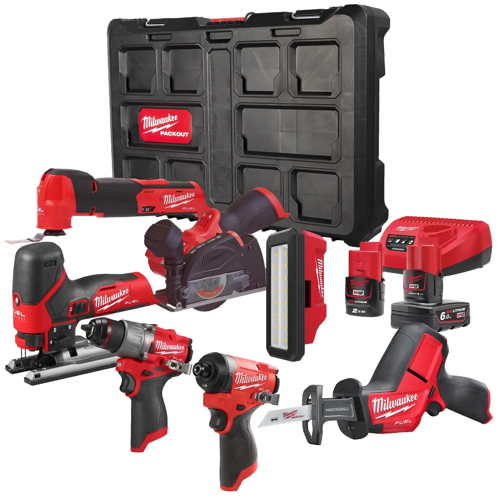 Milwaukee M12 12V Fuel Powerpack Cordless Kit 7 Piece Set 2 x Batteries + Charger M12FPP7B2-622P White Rose Tools