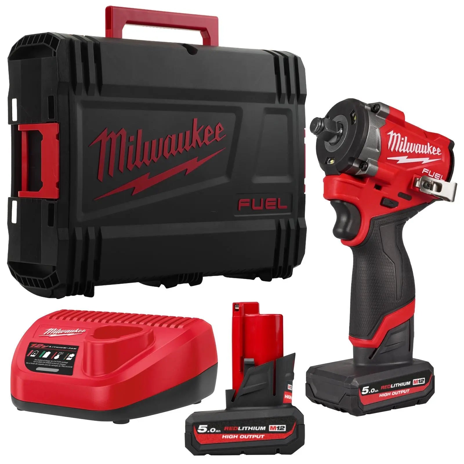 Milwaukee M12 Fuel 12V 1/2" Drive Cordless Compact Impact Wrench Friction Ring 2 x 5Ah HO Battery + Charger M12FCIWF12G3-502X White Rose Tools