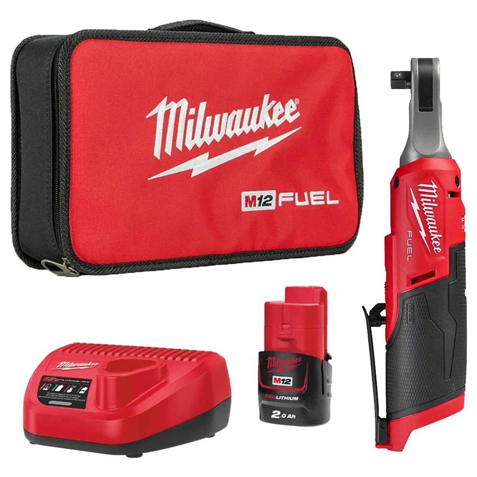 Milwaukee M12 Fuel 12V 3/8" Drive Cordless Sub Compact Ratchet 2Ah Battery + Charger M12FIR38-201B White Rose Tools