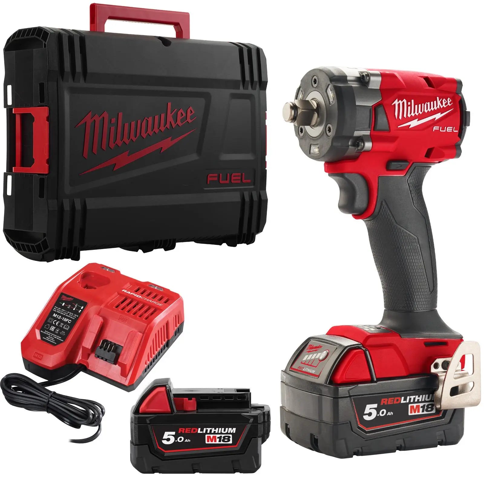 Milwaukee M18 Fuel 18V 1/2" Drive Cordless Compact Impact Wrench Friction Ring 2 x 5Ah Battery + Charger M18FIW2F12-502X White Rose Tools