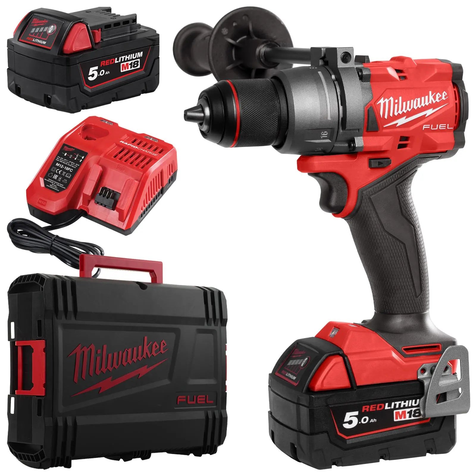 Milwaukee M18 Fuel 18V Percussion Cordless Combi Drill 2 x 5Ah Batteries and Charger M18FPD3-502X White Rose Tools