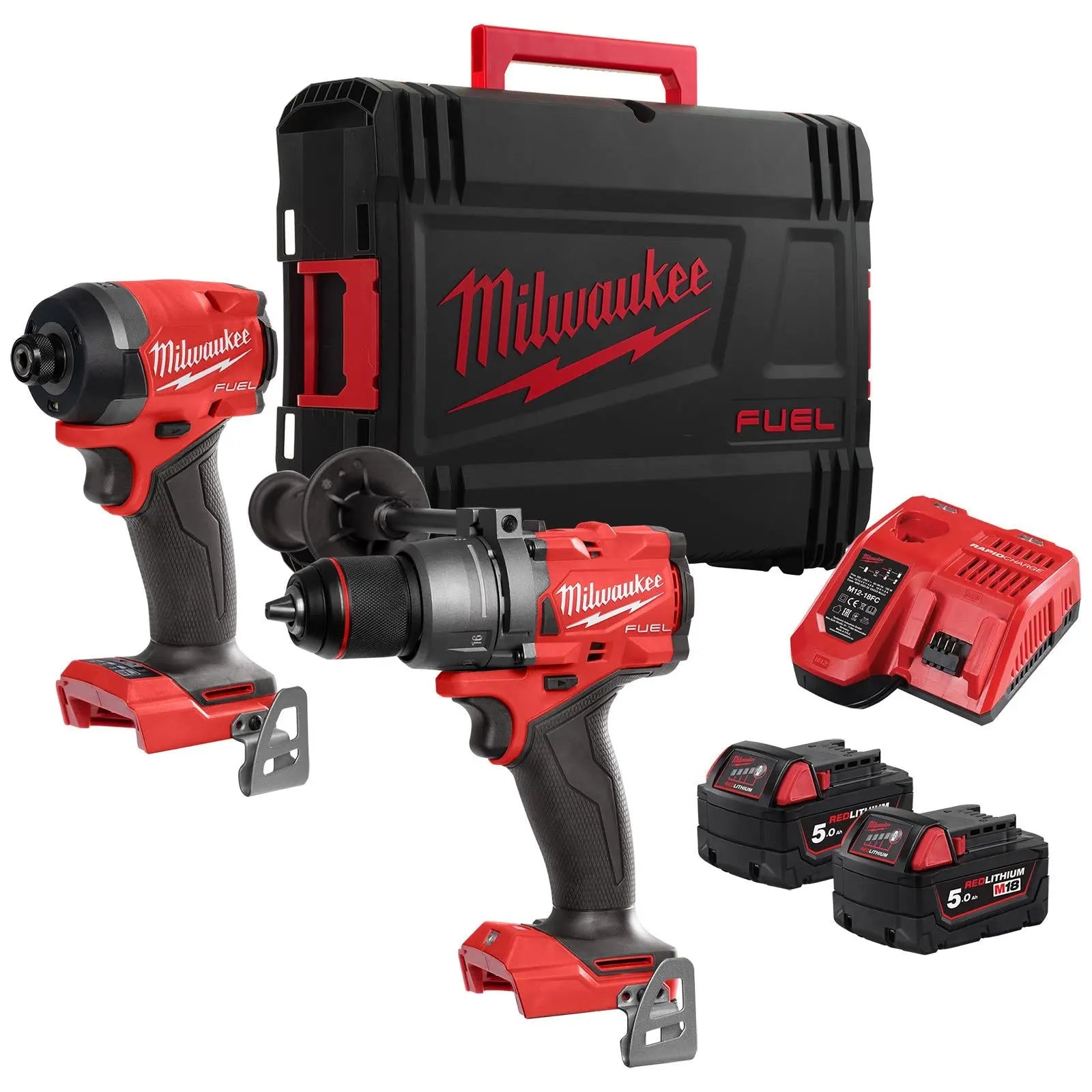 Milwaukee M18 Fuel Powerpack Kit 18V Cordless Combi Drill + Impact Driver 2 x 5Ah Batteries + Charger M18FPP2A3-502X White Rose Tools