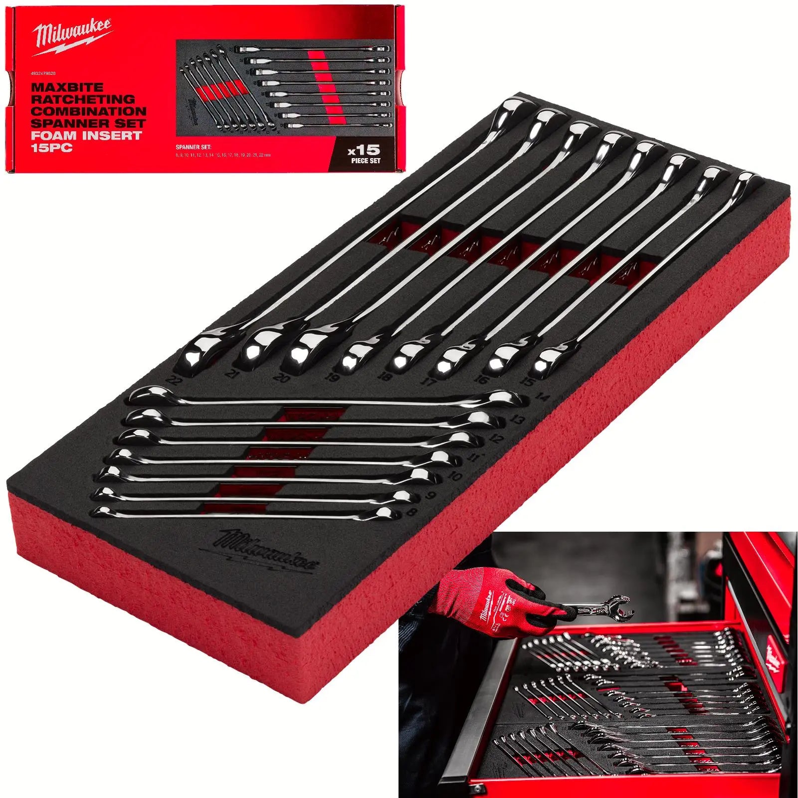 Milwaukee Ratchet Combination Spanner Set Fixed Head MAX BITE 15 Piece in Foam Insert