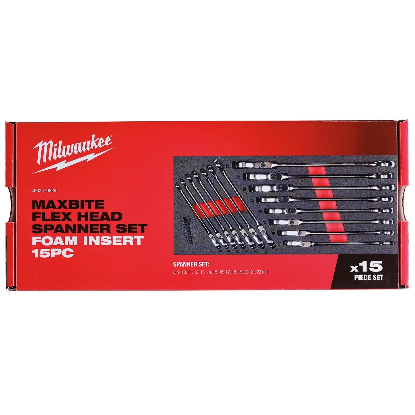 Milwaukee Ratchet Combination Spanner Set Flexi Head MAX BITE 15 Piece in Foam Insert