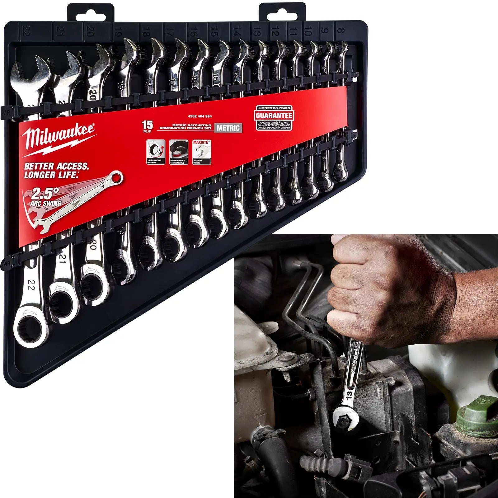 Milwaukee Ratchet Combination Spanner Set MAX BITE 15 Piece Fixed Head 8-22mm