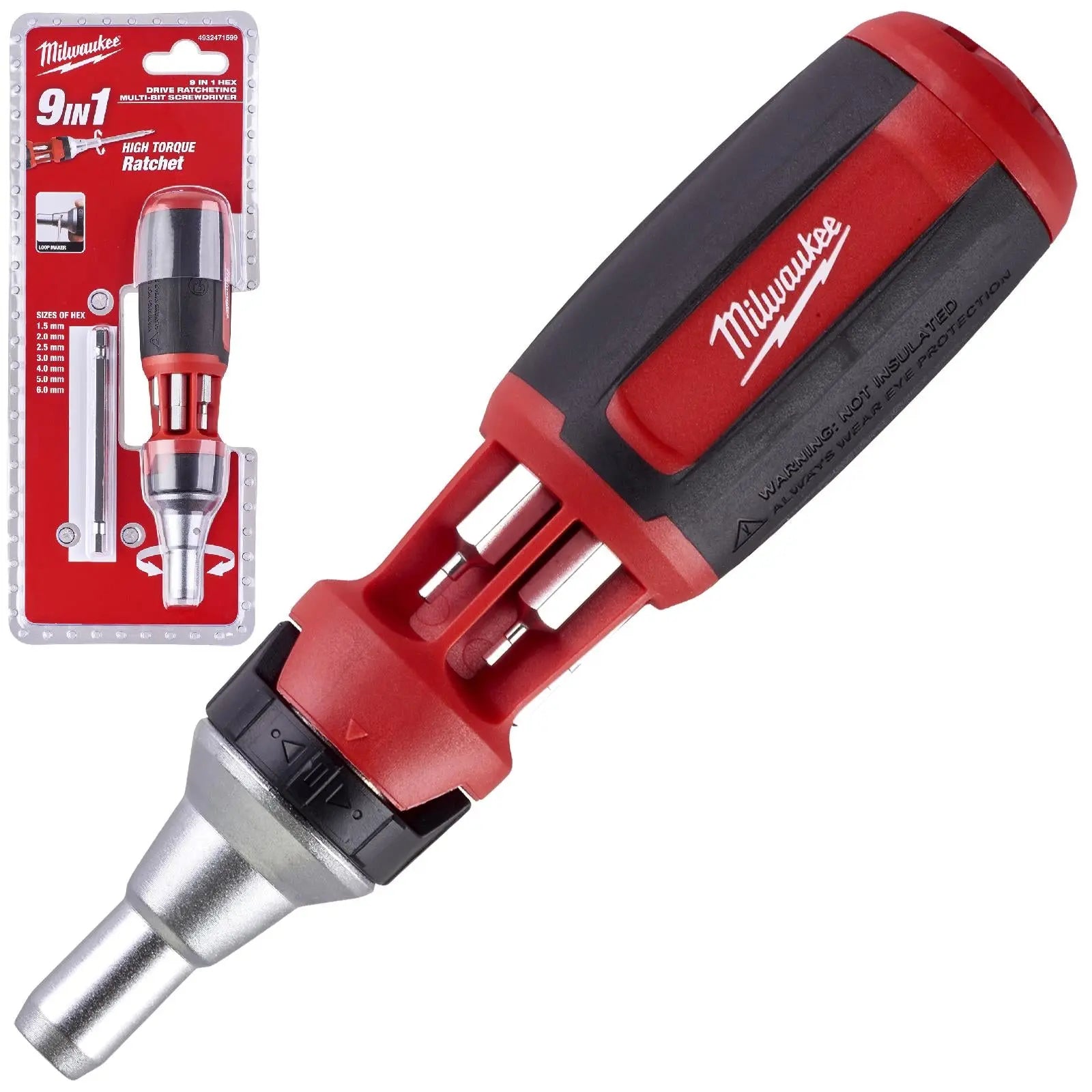 Milwaukee 9-in-1 Square Drive Ratcheting Multi-Bit Screwdriver – All-Metal Ratchet, Magnetic Bit Holder, 3.5" Power Groove Bits