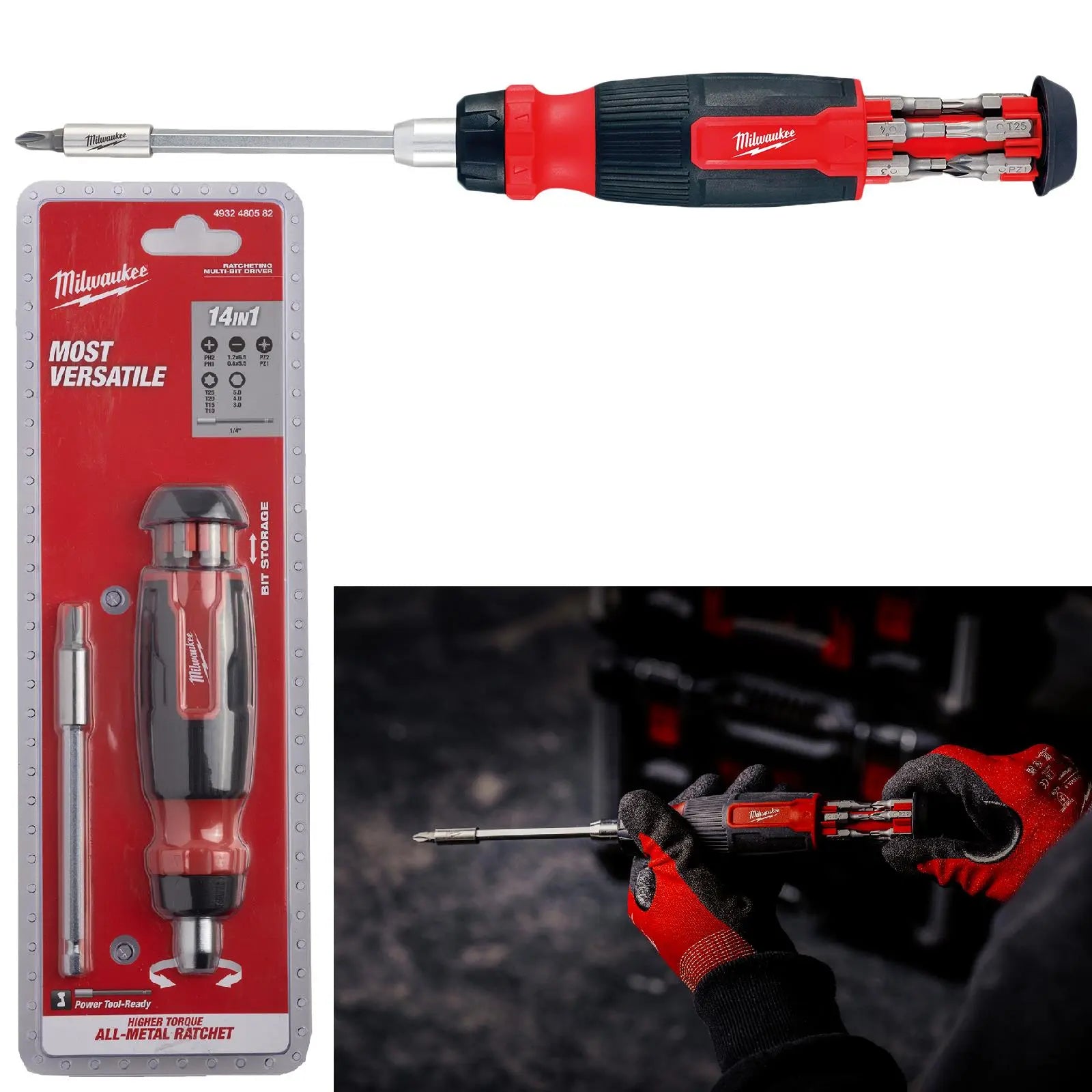 Milwaukee Ratchet Screwdriver Set 14 in 1 Multi Bit Pozi Phillips Torx Slotted Hex White Rose Tools