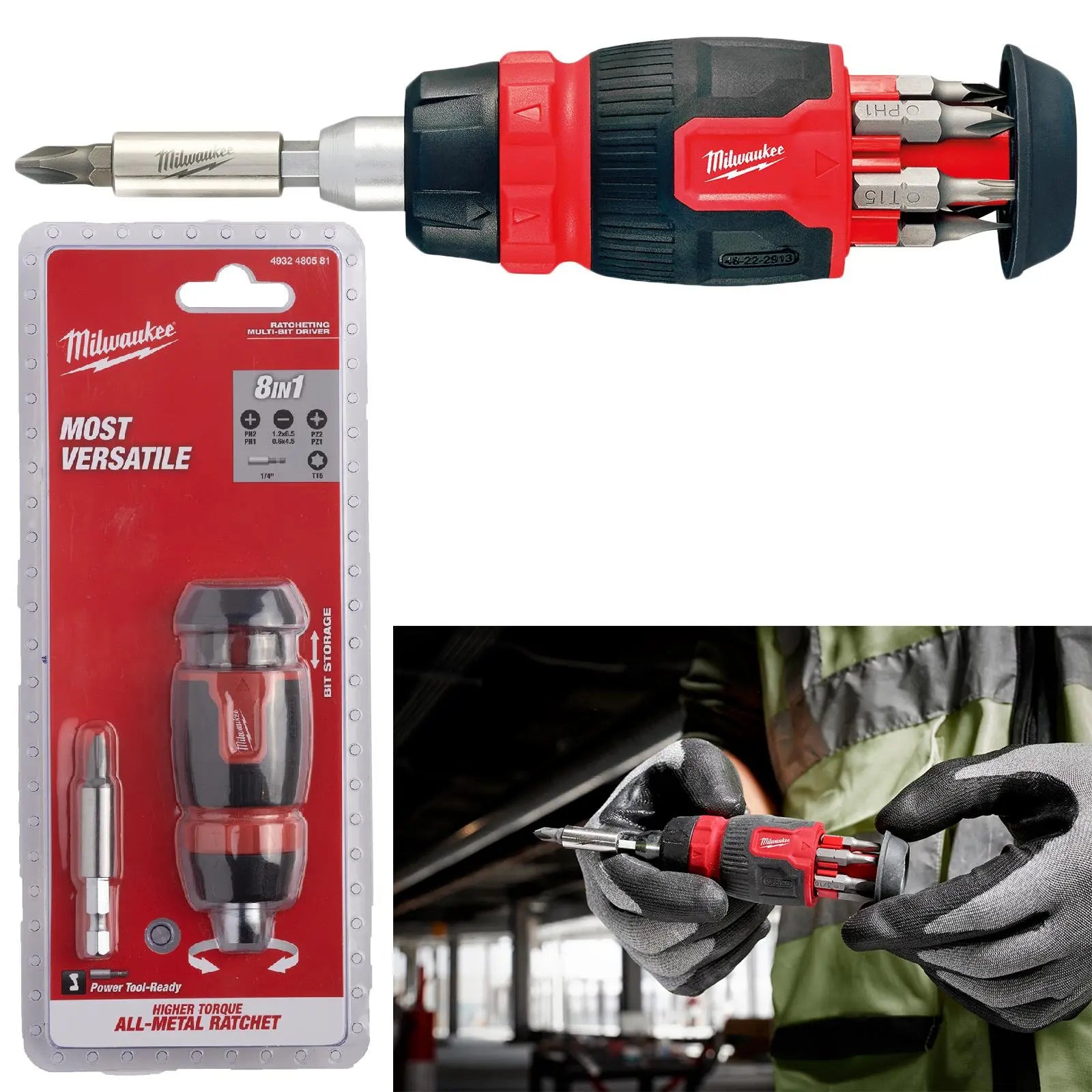 Milwaukee Ratchet Screwdriver Set Compact 8 in 1 Multi Bit Stubby Pozi Phillips Torx Slotted White Rose Tools