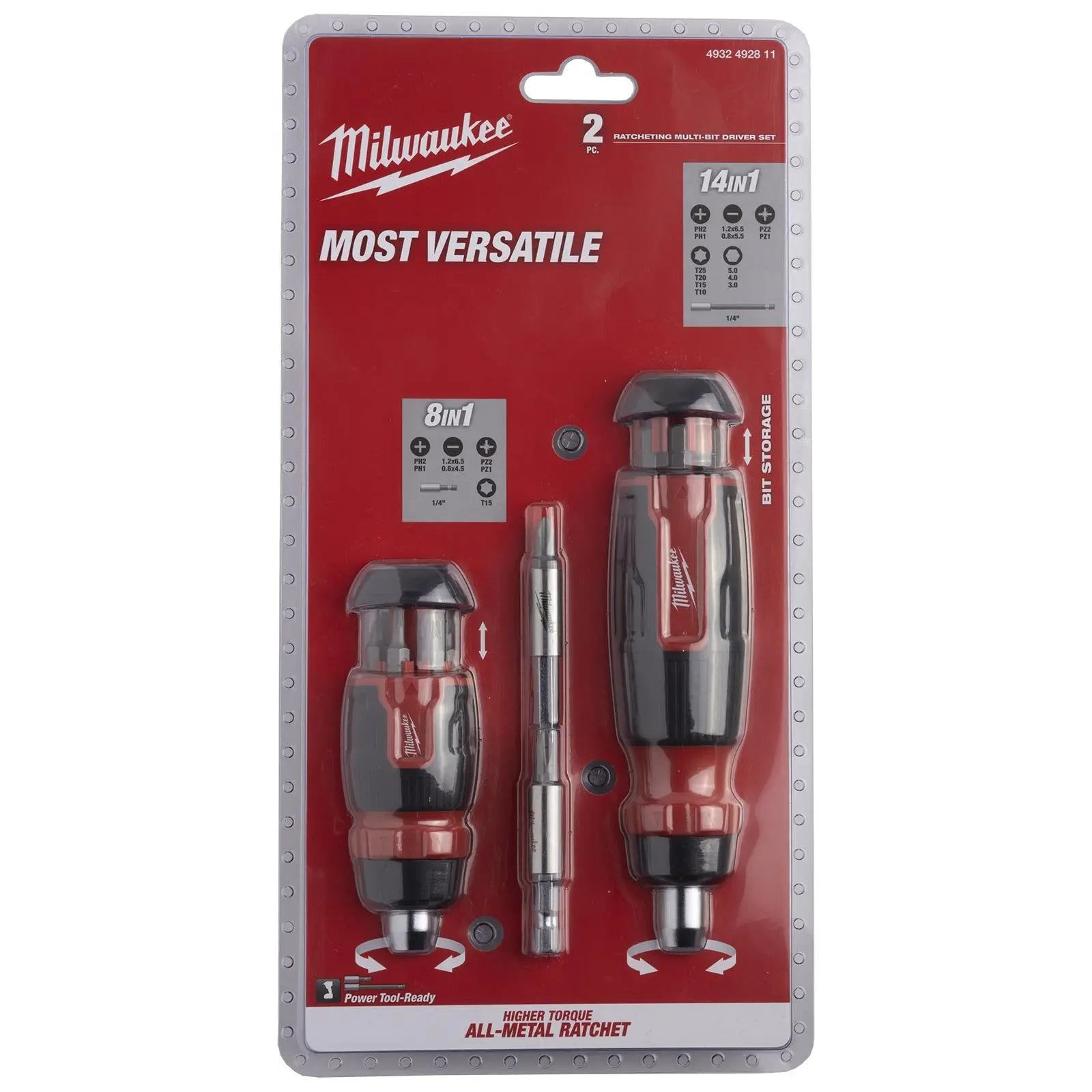 Milwaukee Ratchet Screwdriver Set Kit 2 Piece Compact 8 in 1 and Standard 14 in 1 White Rose Tools