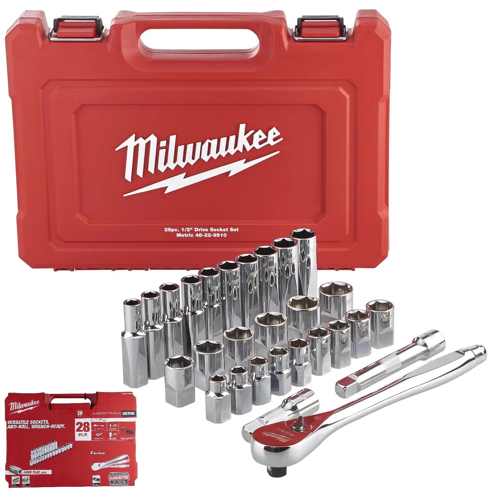 Milwaukee Ratchet and Socket Set 1/2" Drive 28 Piece 10-24mm 90 Tooth Ratchet