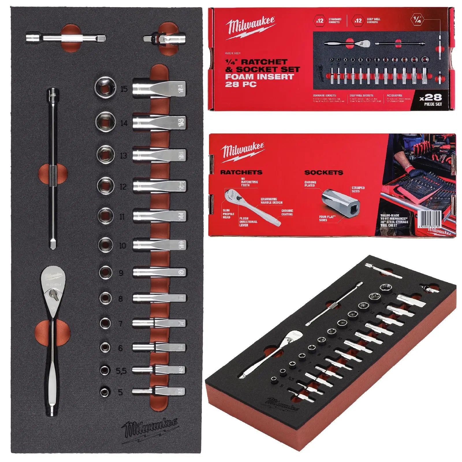 Milwaukee Ratchet and Socket Set 1/4" Drive Foam Insert Tray 28 Piece 5-15mm