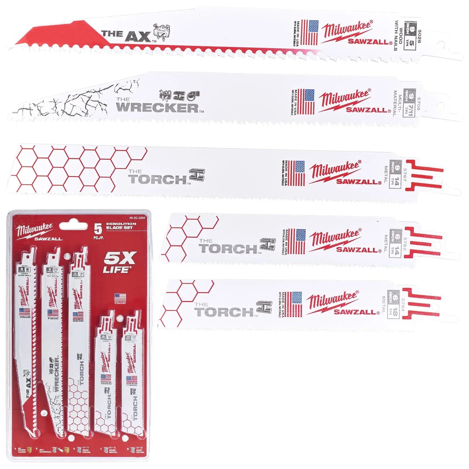Milwaukee Reciprocating Saw Blade Set Sawzall 5 Pack 150mm and 230mm