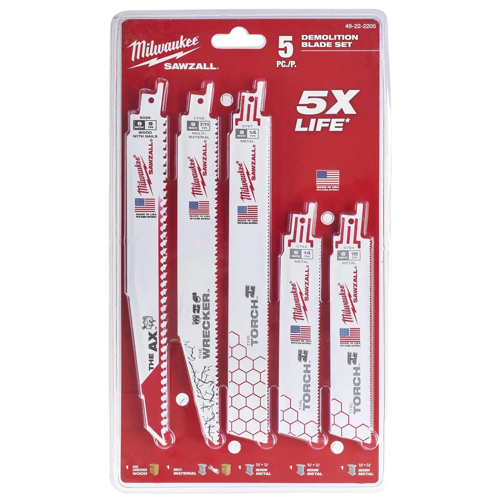 Milwaukee Reciprocating Saw Blade Set Sawzall 5 Pack 150mm and 230mm