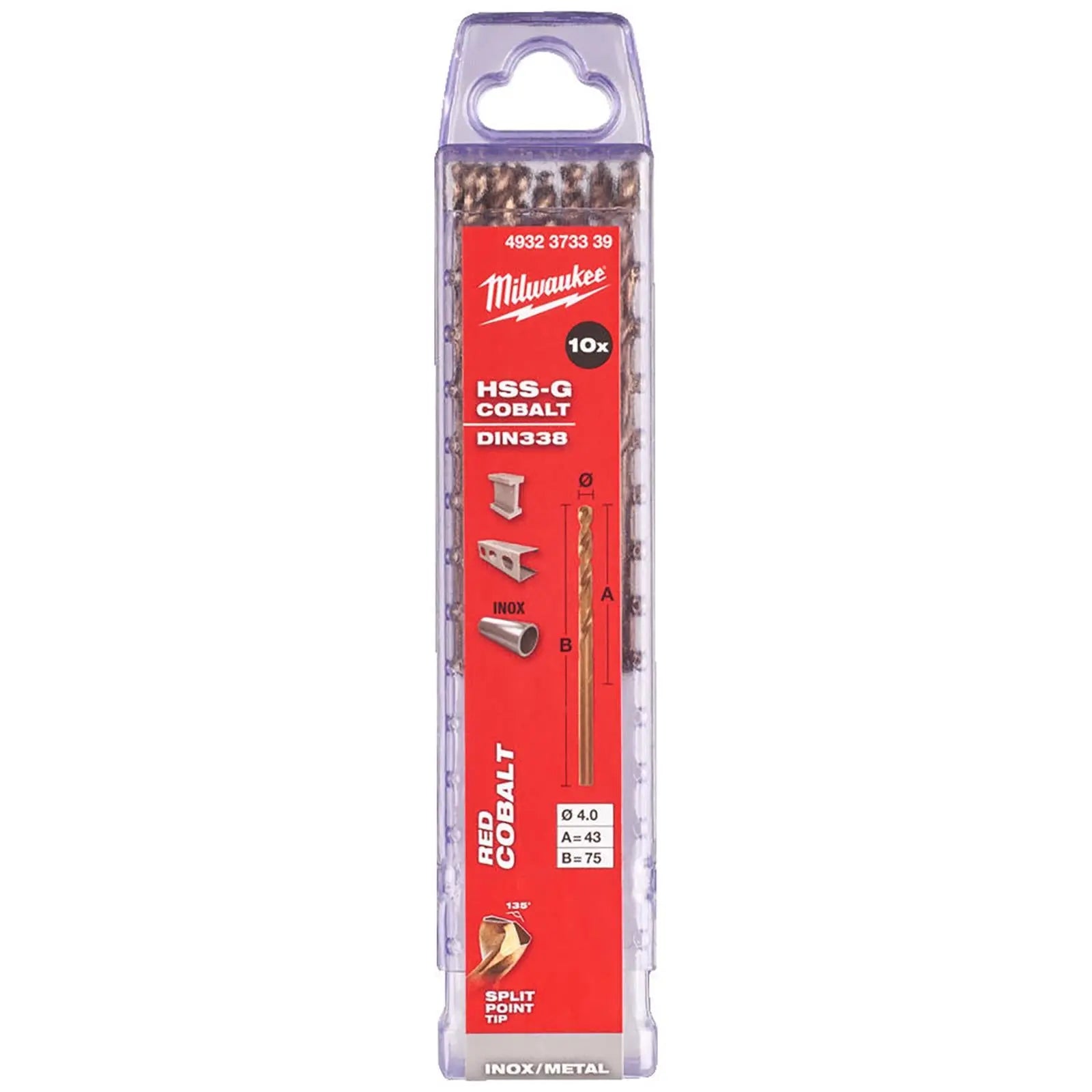 Milwaukee Red Cobalt Metal Drill Bits HSS-G 4.0mm x 75mm 10 Pack DIN338  White Rose Tools
