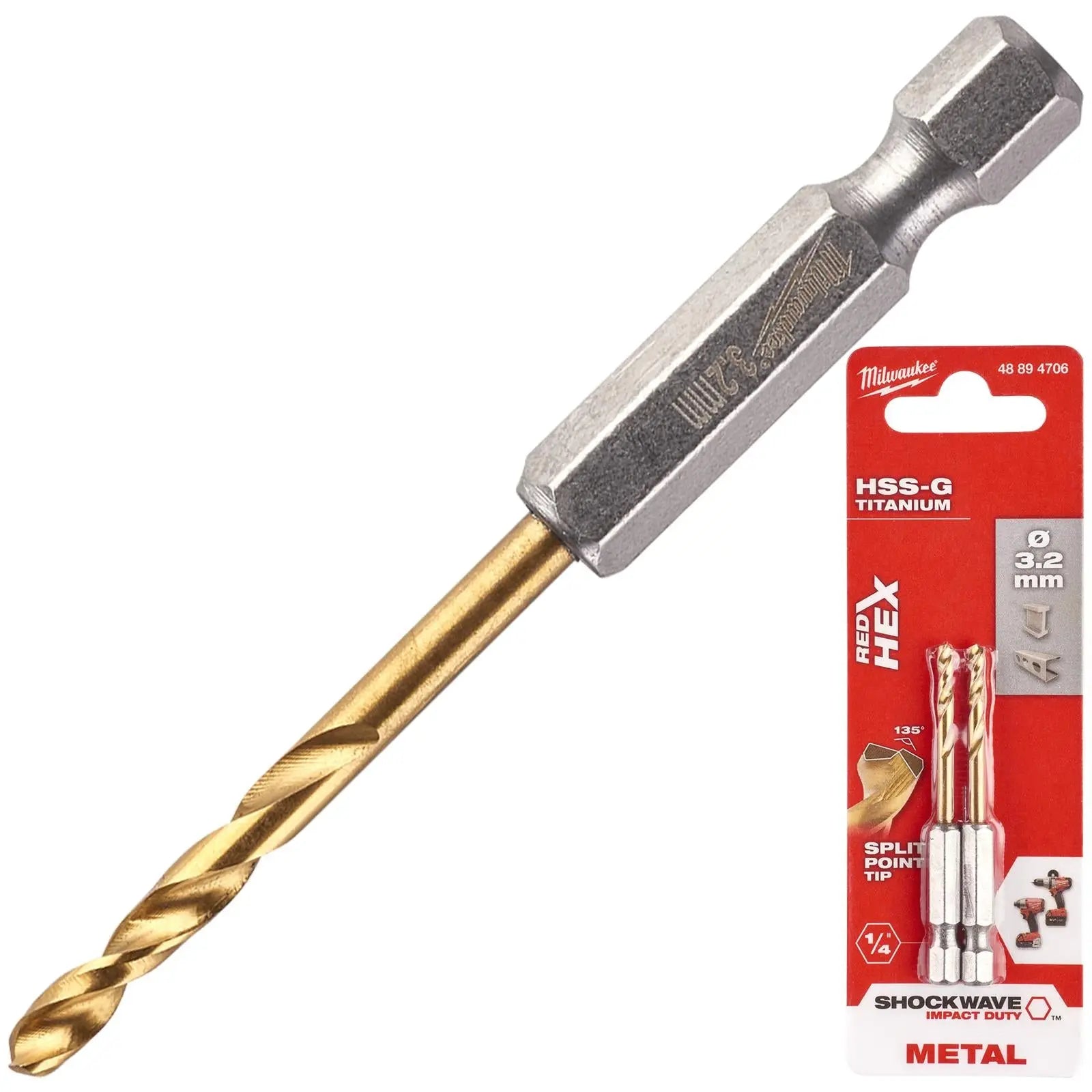 Milwaukee Red Hex Metal Drill Bits HSS Shockwave Impact Duty 1/4" Hex Shank